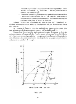 Mantendo Sg constante a pressão é elevada até atingir 100 psi. Neste
                  instante o vazamento Lrm é medido. O mesmo procedimento é
                  repetido para 200 e 400 psi.
                • Em seguida o aperto da junta é reduzido (parte B da curva) mantendo
                  a pressão do fluido constante em 100, 200 e 400 psi, o vazamento é
                  medido em intervalos regulares. O aperto é reduzido até o vazamento
                  exceder a capacidade de leitura do aparelho.
       A junta é novamente comprimida até atingir valor mais elevado de Sg,
repetindo o procedimento até atingir o esmagamento máximo recomendado para a
junta em teste.
       Se a pressão do fluido for colocada em função do vazamento em massa para
cada valor da pressão de esmagamento temos o gráfico da Figura 2.14.
       Em paralelo foram também realizados ensaios para determinar o efeito do
acabamento da superfície de vedação. Conclui-se que, embora ele afete a selabilidade,
outros fatores, como o do tipo de junta, o esmagamento inicial e a capacidade da junta
em resistir as condições operacionais são mais importantes que pequenas variações no
acabamento da superfície de vedação.




                                    Figura 2.13


                                         32
 
