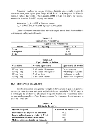 Podemos visualizar os valores propostos fazendo um exemplo prático. Se
tomarmos uma junta espiral para flange ASME B16.5 de 4 polegadas de diâmetro
nominal e classe de pressão 150 psi, padrão ASME B16.20 com aperto na classe de
vazamento standard de 0.002 mg/seg.mm temos:

        Vazamento (Lrm ) = 0.002 x diâmetro externo
        Lrm = 0.002 x 149.4 = 0.2988 mg/seg = 1.076 g/hora

       Como vazamentos em massa são de visualização difícil, abaixo estão tabelas
práticas para melhor entendimento.

                                  Tabela 2.7
                           Equivalência volumétrica
                                    Equivalência volumétrica
      Fluido             Massa - mg / seg             Volume - l / h
 Água                          1                          0.036
 Nitrogênio                    1                          3.200
 Hélio                         1                         22.140

                                     Tabela 2.8
                               Equivalência em bolhas
 Vazamento                Volume equivalente                 Equivalente em bolhas
   -1
 10 mg      /   seg       1   ml   a cada 10 segundos        Fluxo constante
 10 -2 mg   /   seg       1   ml   a cada 100 segundos       10 bolhas por segundo
 10 -3 mg   /   seg       3   ml   por hora                  1 bolha por segundo
 10 -4 mg   /   seg       1   ml   a cada 3 horas            1 bolha a cada 10 segundos


11.3. EFICIÊNCIA DE APERTO

       Estudos mostraram uma grande variação da força exercida por cada parafuso
mesmo em situações onde o torque é aplicado de forma controlada. O PVRC sugeriu
a introdução de um fator de eficiência de aperto diretamente relacionado com o
método usado para aplicar a força de esmagamento. Os valores da eficiência do aperto
estão na Tabela 2.9.

                                        Tabela 2.9
                                   Eficiência do aperto
 Método de aperto                                    Eficiência do aperto “Ae”
 Torquímetro de impacto ou alavanca                          0.75
 Torque aplicado com precisão ( ± 3 % )                      0.85
 Tensionamento direto e simultâneo                           0.95
 Medição direta da tensão ou elongação                       1.00
                                            37
 