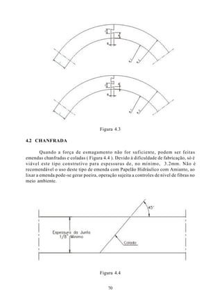Figura 4.3

4.2 CHANFRADA

        Quando a força de esmagamento não for suficiente, podem ser feitas
emendas chanfradas e coladas ( Figura 4.4 ). Devido à dificuldade de fabricação, só é
viável este tipo construtivo para espessuras de, no mínimo, 3.2mm. Não é
recomendável o uso deste tipo de emenda com Papelão Hidráulico com Amianto, ao
lixar a emenda pode-se gerar poeira, operação sujeita a controles de nível de fibras no
meio ambiente.




                                     Figura 4.4


                                          70
 