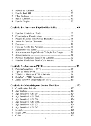 10.   Papelão de Amianto .............................................................. 52
11.   Papelão Isolit HT® . ............................................................... 53
12.   Fibra Cerâmica ..................................................................... 53
13.   Beater Addition .................................................................... 53
14.   Papelão Teaplac® . ................................................................. 53

Capítulo 4 – Juntas em Papelão Hidráulico ................................ 63

 1.   Papelões Hidráulicos Teadit ................................................. 63
 2.   Composição e Características ............................................... 63
 3.   Projeto de Juntas com Papelão Hidráulico ............................ 66
 4.   Juntas de Grandes Dimensões ............................................... 69
 5.   Espessura ............................................................................. 71
 6.   Força de Aperto dos Parafusos .............................................. 71
 7.   Acabamento das Juntas ......................................................... 71
 8.   Acabamento das Superfícies de Vedação dos Flanges ........... 71
 9.   Armazenamento ................................................................... 72
10.   Papelões Hidráulicos Teadit Sem Amianto ............................ 72
11.   Papelões Hidráulicos Teadit Com Amianto ........................... 76

Capítulo 5 – Juntas em PTFE ........................................................ 95
 1.   Politetrafluoretileno – PTFE ................................................. 95
 2.   Tipos de Placas PTFE ........................................................... 95
 3.   TELON* - Placas de PTFE Aditivado .................................. 96
 4.   Quinflex® - PTFE Expandido ................................................ 103
 5.   Juntas Tipo 933 Envelopadas em PTFE ................................ 107

Capítulo 6 – Materiais para Juntas Metálicas ............................ 123
 1    Considerações Iniciais .......................................................... 123
 2    Aço Carbono ........................................................................ 124
 3    Aço Inoxidável AISI 304 ...................................................... 124
 4    Aço Inoxidável AISI 304L ................................................... 124
 5    Aço Inoxidável AISI 316 ...................................................... 124
 6    Aço Inoxidável AISI 316L ................................................... 124
 7    Aço Inoxidável AISI 321 ...................................................... 124
 8    Aço Inoxidável AISI 347 ...................................................... 125
 9    Monel................................................................................... 125
10    Níquel 200 ............................................................................ 125
11    Cobre ................................................................................... 125
                                                    8
 