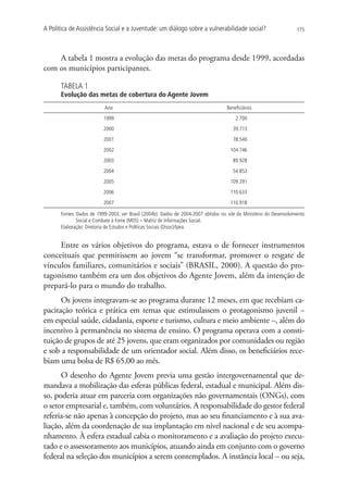 A Política de Assistência Social e a Juventude: um diálogo sobre a vulnerabilidade social?                             175




    A tabela 1 mostra a evolução das metas do programa desde 1999, acordadas
com os municípios participantes.

       TABELA 1
       Evolução das metas de cobertura do Agente Jovem
                           Ano                                                        Beneficiários
                           1999                                                           2.700
                           2000                                                          39.713
                           2001                                                          78.540
                           2002                                                        104.746
                           2003                                                          89.928
                           2004                                                          54.853
                           2005                                                        109.391
                           2006                                                        110.633
                           2007                                                        110.918

       Fontes: Dados de 1999-2003, ver Brasil (2004b). Dados de 2004-2007 obtidos no site do Ministério do Desenvolvimento
               Social e Combate à Fome (MDS) – Matriz de Informações Social.
       Elaboração: Diretoria de Estudos e Políticas Sociais (Disoc)/Ipea.


     Entre os vários objetivos do programa, estava o de fornecer instrumentos
conceituais que permitissem ao jovem “se transformar, promover o resgate de
vínculos familiares, comunitários e sociais” (BRASIL, 2000). A questão do pro-
tagonismo também era um dos objetivos do Agente Jovem, além da intenção de
prepará-lo para o mundo do trabalho.
      Os jovens integravam-se ao programa durante 12 meses, em que recebiam ca-
pacitação teórica e prática em temas que estimulassem o protagonismo juvenil –
em especial saúde, cidadania, esporte e turismo, cultura e meio ambiente –, além do
incentivo à permanência no sistema de ensino. O programa operava com a consti-
tuição de grupos de até 25 jovens, que eram organizados por comunidades ou região
e sob a responsabilidade de um orientador social. Além disso, os beneficiários rece-
biam uma bolsa de R$ 65,00 ao mês.
      O desenho do Agente Jovem previa uma gestão intergovernamental que de-
mandava a mobilização das esferas públicas federal, estadual e municipal. Além dis-
so, poderia atuar em parceria com organizações não governamentais (ONGs), com
o setor empresarial e, também, com voluntários. A responsabilidade do gestor federal
referia-se não apenas à concepção do projeto, mas ao seu financiamento e à sua ava-
liação, além da coordenação de sua implantação em nível nacional e de seu acompa-
nhamento. À esfera estadual cabia o monitoramento e a avaliação do projeto execu-
tado e o assessoramento aos municípios, atuando ainda em conjunto com o governo
federal na seleção dos municípios a serem contemplados. A instância local – ou seja,
 