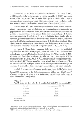 A Política de Assistência Social e a Juventude: um diálogo sobre a vulnerabilidade social?                    185




     No tocante aos benefícios monetários da Assistência Social, além do PBF,
o BPC também inclui os jovens entre o público atendido. O BPC,18 que, assim
como os Cras, faz parte da Proteção Social Básica, pode ser requisitado por jovens
com deficiência incapacitante para a vida independente e para o trabalho, desde
que possuam renda mensal familiar per capita de até um quarto de SM.
      Em que pese o BPC estar aumentando sua cobertura para o público com defi-
ciência a cada ano, são escassos os dados que permitam avaliar em que proporção esta
população vem sendo atendida. O censo de 2000 contabilizou cerca de 24 milhões de
pessoas, de todas as idades, pertencentes a distintos níveis de renda, que declararam
apresentar algum tipo de deficiência. Entre as modalidades, foram listadas pelos re-
censeados, por ordem de frequência: deficiência visual, deficiência motora, deficiência
auditiva, deficiência mental permanente, associação de deficiências e deficiência física.
No entanto, desconhecem-se as características destas deficiências e o quanto estas in-
capacitam para o trabalho e para a vida independente (BRASIL, 2007a, p. 19).
      A despeito da falta de dados, presume-se ainda haver um número considerável
de pessoas com deficiência (PcDs) elegível, porém sem acesso ao BPC. Levantamento
realizado pela Secretaria Nacional de Assistência Social (SNAS) em janeiro de 2005
constatou que, do total de benefícios requeridos por estas pessoas, apenas 37,16%
foram concedidos (BRASIL, 2007a, p. 20). Constatou-se que, dos requerimentos ne-
gados (62,84%), 40,93% têm como fator causal o indeferimento pela perícia médica
do Instituto Nacional do Seguro Social (INSS), em função da não caracterização de
existência de incapacidade do requerente para a vida independente e para o trabalho.
     A tabela 2 mostra que o número de beneficiários jovens do BPC em novem-
bro de 2007 aproximava-se dos 360 mil, considerando a idade entre 15 e 29 anos.19
Contudo, no que se refere aos serviços socioassistenciais, inexistem dados precisos
sobre atendimento a este público.

       TABELA 2
       Total de jovens com idade entre 15 e 29 anos beneficiários do BPC – novembro de 2007
                         Faixa etária                                 Jovens que recebem o BPC – PcDs
                         15 a 17 anos                                              70.028
                         18 a 24 anos                                            167.817
                         25 a 29 anos                                            119.672
                         Total                                                   357.517

       Fonte: SNAS/MDS.
       Elaboração: Disoc/Ipea.




18. Esse benefício, de caráter não contributivo, é destinado à pessoa com deficiência e ao idoso que comprovem não
possuir meios de prover a própria manutenção e nem tê-la provida por sua família.
19. Sobre as idades consideradas abarcadas pelo termo jovem, ver a Introdução desta publicação.
 
