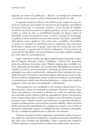 Juventude e Cultura                                                            233




exigentes em termos de qualificação – dificulta as estratégias de mobilidade
e os cálculos sociais no que se refere à delimitação de projetos de vida.
     A segunda perspectiva refere-se aos problemas que surgem em um con-
texto de socialização mais amplo. Os mecanismos de integração social falham
da mesma forma que as instituições escolares e as do mercado de trabalho.
As referências coletivas passam a ser aquelas próximas, ou seja, as experiências
vividas, os estilos de vida, as sociabilidades baseadas em alguma espécie de
identidade, como os movimentos sociais e mesmo a situação de desemprego,
ou podem se referir ao domínio de um estilo musical, uma dança, uma habili-
dade plástica, como o grafite etc. Em outros casos, a xenofobia, a homofobia,
o racismo etc. resultam de experiências reais ou imaginárias que criam laços
de distinção e repulsa entre os grupos. Seja como for, mesmo que com sinais
morais opostos – o segundo tipo de relação é indesejável –, há um processo de
construção de identidades e de associativismo em um espaço público mitigado
por vários tipos de constrangimentos.
      Aqui é importante ressaltar que alguns programas governamentais, a exem-
plo do Programa Educação, Cultura e Cidadania – Cultura Viva, apreendem
partes das referências destas duas visões. Objetiva capacitar para o trabalho cul-
tural, explorando oportunidades, mas reconhecendo dificuldades no mercado de
trabalho dos jovens; e procura estimular a valorização da cultura como elemento
pedagógico nas escolas, reconhecendo o afastamento desta instituição das neces-
sidades do jovem. No entanto, não procura padrões culturais que sirvam de refe-
rência à excelência. Simplesmente avança na ideia de reconhecer as comunidades
e o associativismo cultural como elementos dinâmicos e – o termo não é usado no
programa e talvez nem seja o mais adequado – multiculturais.
      Outra perspectiva a ser considerada é a do consumo cultural jovem. É tra-
dicional pensar a cultura em termos de sua produção. Literatura, cinema, teatro,
dança, artes plásticas e, até mesmo, a televisão ou o rádio são analisados pelos
seus conteúdos morais, estéticos e pela sua capacidade de oferecer interpretações
úteis e enriquecedoras sobre o mundo e as relações sociais. Dessa forma, em geral,
preconiza-se que o Estado e mesmo o mercado devem se ocupar dos estímulos ne-
cessários à produção destes eventos de forte conteúdo simbólico. Mas é necessário
lembrar que boa parte da produção só se completa no consumo e este se refere ao
movimento relacionado ao gosto e à utilidade dos bens e produtos consumidos.
Ou seja, à realidade da produção deve-se adicionar a do consumo.
      Os jovens constituem um dos componentes centrais desse cenário. O que ves-
tem, aonde vão, o que fazem no tempo livre e as práticas de consumo cultural dizem
algo sobre como inventam suas identidades e usam o consumo para compô-las.
A tabela 4 apresenta o consumo de bens culturais em sentido estrito entre jovens.
 