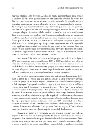 264                                                  Juventude e Políticas Sociais no Brasil



negros e brancos neste percurso. As crianças negras acompanhadas neste estudo,
já desde os 10 e 11 anos, quando deveriam estar cursando a 4a série do ensino mé-
dio, encontravam-se em menor número na série adequada. Para aquelas crianças
que não se encontravam na série adequada, entre as crianças negras, havia patamares
de defasagem significativamente mais importantes do que os de seus colegas bran-
cos. Em 2002, apenas um em cada cinco jovens negros nascidos em 1987 e 1988
conseguiu chegar à 8a série na idade prevista. A trajetória dos estudantes brancos
deste grupo, em que pese também estar francamente defasada, ainda apresenta uma
tendência significativamente melhor que a de seus colegas negros. E, da mesma
forma que em 1998, em 2002, os patamares de defasagem dos jovens negros com
idade entre 14 e 15 anos, para aqueles que não se encontravam na série adequada,
eram significativamente mais expressivos do que os dos jovens brancos. Com esta
idade, 7% dos jovens negros encontravam-se ainda na 4a série do ensino fundamen-
tal da escola regular contra 3% de jovens brancos; 12%, na 5a série contra 5% dos
brancos; e 14%, na 6a série contra 8% dos brancos.
      No ensino médio, a distância entre os dois grupos cresce ainda mais. Apenas
15% dos estudantes negros nascidos em 1987 e 1988 concluíram este nível de
ensino na idade adequada, contra 25% dos estudantes brancos. Enquanto a quase
totalidade dos estudantes brancos desta geração que concluíram o ensino médio
na idade adequada estavam em um curso superior dois anos depois, apenas a me-
tade dos estudantes negros conseguiu realizar a mesma passagem.
      Esse exercício de acompanhamento da trajetória escolar da geração de 1987-
1988 a partir da cor revela que esta geração assistiu a uma progressiva diferen-
ciação do grupo de brancos e negros, com resultado cumulativamente pior para
o último grupo. O grupo de estudantes negros, sejam homens, sejam mulheres,
encontrou-se em desvantagem em relação aos seus colegas brancos em todas as
séries analisadas. A diferença entre os dois grupos revelou-se desde o primeiro ano
do ensino fundamental e continuou acumulando-se ao longo do tempo, levando
a uma surpreendente distância no que diz respeito à conclusão do ensino médio
e, mais fortemente, à inclusão no ensino superior. Como resultado final, do total
de negros que ingressaram no sistema de ensino em 1995, apenas 1,5 em cada dez
estavam cursando o último ano do ensino médio na idade adequada, contra 2,5
em cada dez estudantes brancos desta geração. Entre os negros, 0,7 em cada dez
cursavam o ensino superior 12 anos depois, contra 2,2 dos brancos.
     Observou-se, assim, a consolidação de um percurso em que, entre alunos
negros, o fracasso escolar é mais presente do que as expectativas de sucesso e
progressão. Em um mundo em que a demanda de qualificação aumenta de forma
ininterrupta, ao mesmo tempo em que esta se torna exigência incontornável para
o acesso às posições de maior estabilidade e rentabilidade, o quadro apresentado
 
