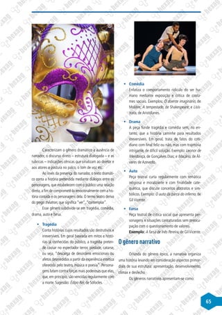 65
Caracterizam o gênero dramático a ausência de
narrador, o discurso direto – estrutura dialogada – e as
rubricas – indicações cênicas que sinalizam ao diretor e
aos atores a postura no palco, o tom de voz etc.
Ao invés da presença do narrador, o texto dramáti-
co conta a história pretendida mediante diálogos entre os
personagens, que estabelecem com o público uma relação
direta,a fim de comprometê-lo emocionalmente com a his-
tória contada e os personagens dela. O termo teatro deriva
do grego théatron, que significa “ver”,“contemplar”.
Esse gênero subdivide-se em tragédia, comédia,
drama, auto e farsa.
§
§ Tragédia
Conta histórias cujos resultados são destrutivos e
irreversíveis. Em geral baseada em mitos e histó-
rias já conhecidas do público, a tragédia preten-
de causar no espectador terror, piedade, catarse,
ou seja, “descarga de desordens emocionais ou
afetos desmedidos a partir da experiência estética
oferecida pelo teatro, música e poesia”. Persona-
gens lutam contra forças mais poderosas que elas,
que, em princípio, são vencidas regularmente com
a morte. Sugestão: Édipo Rei, de Sófocles.
§
§ Comédia
Enfatiza o comportamento ridículo do ser hu-
mano mediante exposição e crítica de costu-
mes sociais. Exemplos: O doente imaginário, de
Molière; A tempestade, de Shakespeare; e Lisís-
trata, de Aristófanes.
§
§ Drama
A peça funde tragédia e comédia sem, no en-
tanto, que a história caminhe para resultados
irreversíveis. Em geral, trata de fatos do coti-
diano com final feliz ou não, mas com trajetória
intrigante, de difícil solução. Exemplo: Leonor de
Mendonça, de Gonçalves Dias; e Macário, de Ál-
vares de Azevedo.
§
§ Auto
Peça teatral curta regularmente com temática
religiosa e moralizante e com finalidade cate-
quética, que discute conceitos abstratos e sim-
bólicos. Exemplo: O auto da barca do inferno, de
Gil Vicente.
§
§ Farsa
Peça teatral de crítica social que apresenta per-
sonagens e situações caricaturadas sem preocu-
pação com o questionamento de valores.
Exemplo: A farsa de Inês Pereira, de GilVicente.
O gênero narrativo
Oriunda do gênero épico, a narrativa organiza
uma história levando em consideração aspectos primor-
diais de sua estrutura: apresentação, desenvolvimento,
clímax e desfecho.
Os gêneros narrativos apresentam-se como:
 