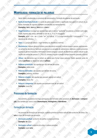 9
Morfologia: formação de palavras
Neste tópico, estudaremos os processos de estruturação e formação de palavras do português.
§
§ Radical (morfema lexical): é a parte da palavra que contém o significado mais geral e é comum às pa-
lavras chamadas de cognatas (também consideradas da mesma família).
Exemplos: terra; terreiro; terrestre; enterrar
§
§ Vogal temática: é a vogal que aparece logo após o radical, “ajudando” as palavras a receber outro signi-
ficado.Aparece nos verbos, definindo se são de 1a
, 2a
ou 3a
conjugação.
Exemplo: amar = am + a + r, onde “am” é o radical, “a” é a vogal temática de 1a
conjugação e “r” é a
desinência de infinitivo.
§
§ Tema: é a junção do radical + vogal temática ou desinência nominal.
§
§ Desinências: indicam gênero e número, para desinência nominal, e indicam tempo e pessoa, para desinên-
cia verbal. As desinências nominais caracterizam as variações de substantivos, adjetivos e certos pronomes
quanto ao gênero (masculino e feminino) e número (singular e plural).As desinências verbais indicam as va-
riações dos verbos em pessoa (1a
, 2a
ou 3a
), número (singular e plural) e tempo (presente, passado e futuro).
§
§ Afixos: são elementos que se juntam ao radical para formar novas palavras. Podem aparecer antes do
radical (prefixos) ou depois do radical (sufixos).
§
§ Palavras primitivas: são aquelas que não derivam de outras.
Exemplos: pedra; noite
§
§ Palavras derivadas: são aquelas que derivam de outras.
Exemplos: pedreiro; anoitecer
§
§ Palavras simples: são aquelas que possuem apenas um radical.
Exemplos: couve; flor
§
§ Palavras compostas: são aquelas que possuem mais de um radical.
Exemplo: couve-flor
Processos de formação
Basicamente, as palavras da língua portuguesa são formadas pelos processos de derivação e composi-
ção, mas também por outros como onomatopeia, neologismo e hibridismo.
Formação por derivação
No processo de formação por derivação, a palavra primitiva (primeiro radical) sofre acréscimo de afixos. São
seis os tipos de formação por derivação.
§
§ Derivação prefixal: acréscimo de prefixo à palavra primitiva.
Exemplo: in-capaz
§
§ Derivação sufixal: acréscimo de sufixo à palavra primitiva.
Exemplo: papel-aria
 