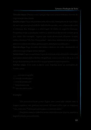 Terceira etapa: Discuta com o grupo algumas características e formas de
organizaçãodoscontos.
Quarta etapa: Faça um planejamento da escrita. Assegure-se de que o tipo
de texto que será produzido foi trabalhado em sala, com a discussão sobre
a estrutura dos diálogos e a observação de todos os aspectos textuais.
Proponha então a produção coletiva e individual de novas versões para
um conto. Por exemplo: "Agora, que vocês já ouviram diversas versões
sobre a história “Os Três Porquinhos”, crie a sua, mantendo os principais
elementosdostextos lidos:personagens,estrutura narrativaetc.»
Quinta etapa: Faça revisões dos textos coletivos em roda, destacando os
elementosque exigem maioratenção.
Sexta etapa: Faça cruzadinhas, jogos de forca ou stop utilizando variações
que sistematizem dificuldades ortográficas, como o uso de x, ch, ç, ss, s. O
bingo depalavraspodeenvolverasque apresentarammaiserros.
Sétima etapa: Crie com a classe uma legenda para as correções de
textos como:
____: errodeortografia
():errodevocabulário
+:errodepontuação
* :letra maiúscula
** :errodeacentuação
Exemplo:
"Os porcinhos forão para o Egito, mas como não sabiam falar a
língua (egitana) não podiam conversar +O mais velho, que se chamava
*edu, teve uma**ideia que contoupara oirmãodomeio.
Proponha uma revisão dos textos individuais em duplas, usando a
legenda criadapara correções.
"
Leitura e Produção de Texto
101
 