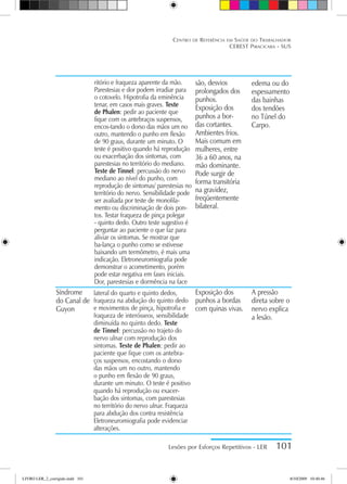 Lesões por Esforços Repetitivos - LER 101
Centro de Referência em Saúde do Trabalhador
CEREST Piracicaba - SUS
ritório e fraqueza aparente da mão.
Parestesias e dor podem irradiar para
o cotovelo. Hipotrofia da eminência
tenar, em casos mais graves. Teste
de Phalen: pedir ao paciente que
fique com os antebraços suspensos,
encos-tando o dorso das mãos um no
outro, mantendo o punho em flexão
de 90 graus, durante um minuto. O
teste é positivo quando há reprodução
ou exacerbação dos sintomas, com
parestesias no território do mediano.
Teste de Tinnel: percussão do nervo
mediano ao nível do punho, com
reprodução de sintomas/ parestesias no
território do nervo. Sensibilidade pode
ser avaliada por teste de monofila-
mento ou discriminação de dois pon-
tos. Testar fraqueza de pinça polegar
- quinto dedo. Outro teste sugestivo é
perguntar ao paciente o que faz para
aliviar os sintomas. Se mostrar que
ba-lança o punho como se estivesse
baixando um termômetro, é mais uma
indicação. Eletroneuromiografia pode
demonstrar o acometimento, porém
pode estar negativa em fases iniciais.
Dor, parestesias e dormência na face
são, desvios
prolongados dos
punhos.
Exposição dos
punhos a bor-
das cortantes.
Ambientes frios.
Mais comum em
mulheres, entre
36 a 60 anos, na
mão dominante.
Pode surgir de
forma transitória
na gravidez,
freqüentemente
bilateral.
Exposição dos
punhos a bordas
com quinas vivas.
edema ou do
espessamento
das bainhas
dos tendões
no Túnel do
Carpo.
A pressão
direta sobre o
nervo explica
a lesão.
Síndrome
do Canal de
Guyon
lateral do quarto e quinto dedos,
fraqueza na abdução do quinto dedo
e movimentos de pinça, hipotrofia e
fraqueza de interósseos, sensibilidade
diminuída no quinto dedo. Teste
de Tinnel: percussão no trajeto do
nervo ulnar com reprodução dos
sintomas. Teste de Phalen: pedir ao
paciente que fique com os antebra-
ços suspensos, encostando o dorso
das mãos um no outro, mantendo
o punho em flexão de 90 graus,
durante um minuto. O teste é positivo
quando há reprodução ou exacer-
bação dos sintomas, com parestesias
no território do nervo ulnar. Fraqueza
para abdução dos contra resistência
Eletroneuromiografia pode evidenciar
alterações.
LIVRO LER_2_corrigido.indd 101 8/10/2009 10:40:46
 