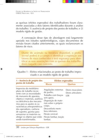 as queixas (efeitos esperados) dos trabalhadores foram clara-
mente associadas a dois fatores identificados durante a análise
do trabalho: 1) ausência de projeto dos postos de trabalho; e 2)
modelo rígido de gestão.
A concepção desse tipo de abordagem está largamente
apoiada nos estudos epidemiológicos, cujos documentos de
revisão foram citados anteriomente, os quais esclareceram os
fatores de risco.
Diante do acúmulo na literatura disponível, o profis-
sio-nal poderá ir a campo e identificar a exposição aos
fatores de risco conhecidos e terá segurança para iden-
tificar as suas associações com as queixas dos traba-lha-
dores naquele caso concreto.
Quadro 1 - Efeitos relacionados ao posto de trabalho impro-
visado e ao modelo rígido de gestão
30 Lesões por Esforços Repetitivos - LER
Centro de Referência em Saúde do Trabalhador
CEREST Piracicaba - SUS
1 - Ausência de projeto dos
postos de trabalho
Improviso do mobiliário:
plano de trabalho incoe-
rente com as necessidades
de manuseio de aparatos,
objetos e materiais, ausência
ou deficiência dos mecanis-
mos para os ajustes às ca-
racterísticas antropométricas
dos operadores, carência
de suportes, gavetas para
armazenar os materiais ou
abrigar os objetos que estão
sendo transformados.
Riscos
Angulações extremas
de punho.
Trabalho com braços
sem apoio.
Disposição de mate-
riais sobre o próprio
corpo.
Desconforto mem-
bros inferiores.
Flexão cervical.
Flexão lombar, torção
lombar.
Queixas
Dores musculares
Dores articulares
LER
Efeitos esperados
LIVRO LER_2_corrigido.indd 30 8/10/2009 10:40:37
 