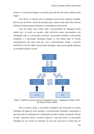 Libras em estudo: política educacional
122
contato e a vivência nesta língua a ser escrita, já que ele não tem acesso a falantes desta
língua?
Com efeito, as respostas para as perguntas acima seriam negativas repetidas,
pois no caso da leitura e escrita do português para a pessoa surda, temos dois sistemas
diferentes de processamento linguístico co-ocorrendo na mesma tarefa.
Uma das teorias mais aceitas sobre o processamento da linguagem escrita
postula que, na tarefa em questão, estão envolvidos quatro processadores com
interligação entre si: o processador conceitual, o processador semântico, o processador
ortográfico e o processador fonológico (Figura 1). Este último pode ser ativado
voluntariamente pelo leitor para que, com a subvocalização, facilite o exercício
(SANTOS e NAVAS, 2004). O processador fonológico, então, possui grande relevância
na atividade de leitura e escrita.
Figura 1. Modelo de processamento da linguagem escrita – Adaptado de Adams (1991)
por Santos e Navas (2004)
Para as pessoas surdas o processador fonológico está relacionado ao sistema
fonológico da língua de sinais, portanto, é um processador fonológico visuoespacial e
que lança mão de codificações de configuração de mãos, locação, movimento, direção
da mão, expressões faciais e posturas corporais, o que não ocorre, no processador
fonológico de um ouvinte, no momento em que está escrevendo ou lendo algo em
 