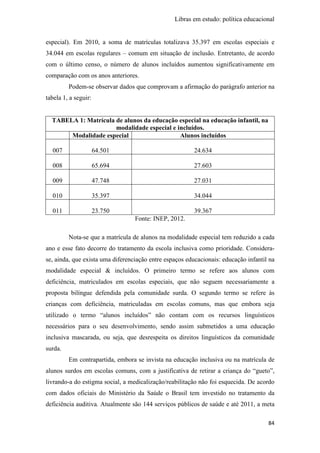 Libras em estudo: política educacional
84
especial). Em 2010, a soma de matrículas totalizava 35.397 em escolas especiais e
34.044 em escolas regulares – comum em situação de inclusão. Entretanto, de acordo
com o último censo, o número de alunos incluídos aumentou significativamente em
comparação com os anos anteriores.
Podem-se observar dados que comprovam a afirmação do parágrafo anterior na
tabela 1, a seguir:
TABELA 1: Matrícula de alunos da educação especial na educação infantil, na
modalidade especial e incluídos.
Modalidade especial Alunos incluídos
007 64.501 24.634
008 65.694 27.603
009 47.748 27.031
010 35.397 34.044
011 23.750 39.367
Fonte: INEP, 2012.
Nota-se que a matrícula de alunos na modalidade especial tem reduzido a cada
ano e esse fato decorre do tratamento da escola inclusiva como prioridade. Considera-
se, ainda, que exista uma diferenciação entre espaços educacionais: educação infantil na
modalidade especial & incluídos. O primeiro termo se refere aos alunos com
deficiência, matriculados em escolas especiais, que não seguem necessariamente a
proposta bilíngue defendida pela comunidade surda. O segundo termo se refere às
crianças com deficiência, matriculadas em escolas comuns, mas que embora seja
utilizado o termo “alunos incluídos” não contam com os recursos linguísticos
necessários para o seu desenvolvimento, sendo assim submetidos a uma educação
inclusiva mascarada, ou seja, que desrespeita os direitos linguísticos da comunidade
surda.
Em contrapartida, embora se invista na educação inclusiva ou na matrícula de
alunos surdos em escolas comuns, com a justificativa de retirar a criança do “gueto”,
livrando-a do estigma social, a medicalização/reabilitação não foi esquecida. De acordo
com dados oficiais do Ministério da Saúde o Brasil tem investido no tratamento da
deficiência auditiva. Atualmente são 144 serviços públicos de saúde e até 2011, a meta
 
