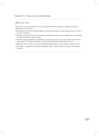 Capítulo VI – A vida em uma sociedade letrada
121
ORIENTAÇÃO FINAL
Para saber se você compreendeu bem o que está apresentado neste capítulo, verifique se está apto a
demonstrar que é capaz de:
• Reconhecer, em textos de diferentes gêneros, temas, macroestruturas, tipos, suportes textuais, formas e
recursos expressivos.
• Identificar os elementos que concorrem para a progressão temática e para a organização e estruturação
de textos de diferentes gêneros e tipos.
• Analisar a função predominante (informativa, persuasiva etc.) dos textos, em situações específicas de
interlocução, e as funções secundárias, por meio da identificação de suas marcas textuais.
• Relacionar textos ao seu contexto de produção/recepção histórico, social, político, cultural, estético.
• Reconhecer a importância do patrimônio lingüístico para a preservação da memória e da identidade
nacional.
 