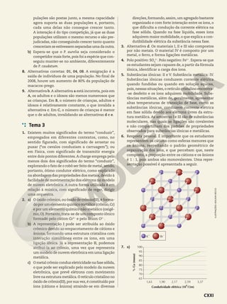 pulações são postas junto, a mesma capacidade
agora suporta as duas populações e, portanto,
cada uma delas não consegue crescer tanto.
A interação é do tipo competição, já que as duas
populações utilizam o mesmo recurso e são pre-
judicadas, não conseguindo crescer tanto quanto
cresceriam se estivessem separadas uma da outra.
b) Espera-se que o P. aurelia seja considerado o
competidor mais forte,pois foi a espécie que con-
seguiu manter-se no ambiente, diferentemente
de P. caudatum.
8. Alternativas corretas: 01, 04, 08. A emigração é a
saída de indivíduos de uma população. No final de
2008, houve um aumento de 80% da população de
macacos-prego.
9. Alternativa b.A alternativa a está incorreta, pois em
A, os adultos e o idosos são menos numerosos que
as crianças. Em B, o número de crianças, adultos e
idosos é relativamente constante, o que invalida a
alternativa c. Em C, o número de crianças é menor
que o de adultos, invalidando as alternativas d e e.
Tema 3
1. Existem muitos significados do termo “conduzir”,
empregados em diferentes contextos, como, no
sentido figurado, com significado de arrastar ou
puxar (“os cavalos conduziam a carruagem”); ou
em Física, com significado de transmitir energia
entre dois pontos diferentes.A charge emprega pelo
menos dois dos significados do termo “conduzir”,
explorando o fato de o robô ser feito de metal, sendo,
portanto, ótimo condutor elétrico, como explicado
na abordagem das propriedades dos metais,devido à
facilidade de movimentação dos elétrons no modelo
de nuvem eletrônica. A outra forma utilizada é em
relação à música, com significado de reger, dirigir
uma orquestra.
2. a) O óxido crômico,ou óxido de crômio(III),é forma-
doporumelementoquímicometálico(crômio,Cr)
e por um elemento químico não metálico (oxigê-
nio, O). Portanto, trata-se de um composto iônico
formado pelo cátion Cr31
e pelo ânion O22
.
b) A representação I pode ser atribuída ao óxido
crômico devido ao empacotamento de cátions e
ânions, formando uma estrutura cristalina com
interação simultânea entre os íons, em uma
ligação iônica. Já a representação II, podemos
atribuí-la ao crômio, uma vez que representa
um modelo de nuvem eletrônica em uma ligação
metálica.
c) O metal crômio conduz eletricidade na fase sólida,
o que pode ser explicado pelo modelo da nuvem
eletrônica, que prevê elétrons com movimento
livre na estrutura metálica.O retículo cristalino no
óxido de crômio(III),por sua vez,é constituído por
íons (cátions e ânions) atraindo-se em diversas
direções,formando,assim,um agregado bastante
organizado e com forte interação entre os íons, o
que dificulta a condução da corrente elétrica na
fase sólida. Quando na fase líquida, esses íons
adquirem maior mobilidade, o que explica a con-
dutibilidade elétrica da substância nessa fase.
3. Alternativa d. Os materiais I, II e III são compostos
por não metais. O material IV é composto por um
metal, o ferro, e forma ligações metálicas.
4. Polo positivo: SO4
2−
.Polo negativo: Fe21
.Espera-se que
os estudantes sejam capazes de, a partir da fórmula
iônica, identificar a carga dos íons.
5. Substâncias iônicas: II e V. Substância metálica: IV.
Substâncias iônicas conduzem corrente elétrica
quando fundidas ou quando em solução aquosa,
pois,nessas situações,o retículo cristalino encontra-
-se desfeito e os íons adquirem mobilidade. Subs-
tâncias metálicas, além de, geralmente, apresentar
altas temperaturas de transição de fase, como as
substâncias iônicas, conduzem corrente elétrica
em fase sólida devido aos elétrons livres da estru-
tura metálica. As amostras I e III são de substâncias
moleculares, nas quais as ligações são covalentes
e não compartilham dos padrões de propriedades
observados para substâncias iônicas e metálicas.
6. Resposta pessoal. É importante que os estudantes
representem os cátions como esferas menores que
os ânions, respeitando o padrão geométrico de
organização dos íons, e que percebam que, neste
composto, a proporção entre os cátions e os ânions
é 1 : 1, pois ambos são monovalentes. Uma repre-
sentação possível é apresentada a seguir.
K1
Br2
7. a)
%
Cu
(massa)
Condutividade elétrica (10
9
/Cm)
100
95
90
85
80
75
70
65
1,63 1,90 2,17 2,59 3,37
ILUSTRAÇÕES:
ADILSON
SECCO
CXXI
 