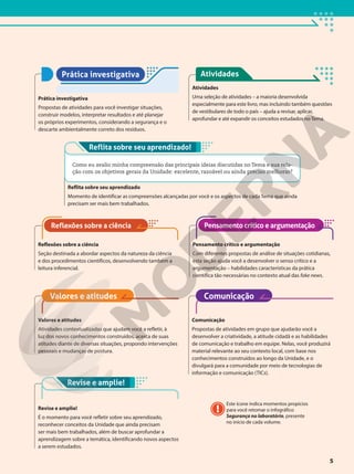 Este ícone indica momentos propícios
para você retomar o infográfico
Segurança no laboratório, presente
no início de cada volume.
Prática investigativa
Propostas de atividades para você investigar situações,
construir modelos, interpretar resultados e até planejar
os próprios experimentos, considerando a segurança e o
descarte ambientalmente correto dos resíduos.
Prática investigativa
Atividades
Uma seleção de atividades – a maioria desenvolvida
especialmente para este livro, mas incluindo também questões
de vestibulares de todo o país – ajuda a revisar, aplicar,
aprofundar e até expandir os conceitos estudados no Tema.
Atividades
Reflita sobre seu aprendizado
Momento de identificar as compreensões alcançadas por você e os aspectos de cada Tema que ainda
precisam ser mais bem trabalhados.
Reflita sobre seu aprendizado!
Como eu avalio minha compreensão das principais ideias discutidas no Tema e sua rela-
ção com os objetivos gerais da Unidade: excelente, razoável ou ainda preciso melhorar?
Reflexões sobre a ciência
Seção destinada a abordar aspectos da natureza da ciência
e dos procedimentos científicos, desenvolvendo também a
leitura inferencial.
Reflexões sobre a ciência
Pensamento crítico e argumentação
Com diferentes propostas de análise de situações cotidianas,
esta seção ajuda você a desenvolver o senso crítico e a
argumentação – habilidades características da prática
científica tão necessárias no contexto atual das fake news.
Pensamento crítico e argumentação
Valores e atitudes
Atividades contextualizadas que ajudam você a refletir, à
luz dos novos conhecimentos construídos, acerca de suas
atitudes diante de diversas situações, propondo intervenções
pessoais e mudanças de postura.
Valores e atitudes Comunicação
Comunicação
Propostas de atividades em grupo que ajudarão você a
desenvolver a criatividade, a atitude cidadã e as habilidades
de comunicação e trabalho em equipe. Nelas, você produzirá
material relevante ao seu contexto local, com base nos
conhecimentos construídos ao longo da Unidade, e o
divulgará para a comunidade por meio de tecnologias de
informação e comunicação (TICs).
Revise e amplie!
É o momento para você refletir sobre seu aprendizado,
reconhecer conceitos da Unidade que ainda precisam
ser mais bem trabalhados, além de buscar aprofundar a
aprendizagem sobre a temática, identificando novos aspectos
a serem estudados.
Revise e amplie!
5
 
