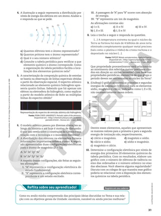 III. A passagem de “A” para “B” ocorre com absorção
de energia.
IV. “B” representa um íon de magnésio.
As afirmações corretas são:
a) I e II.
b) I, II e III.
c) II e IV.
d) I, II e IV.
e) III e IV.
8. Leia o trecho a seguir e responda às questões.
[...] A temperatura extrema na qual o núcleo da
Terra se formou há mais de 4 bilhões de anos teria
eliminado completamente qualquer metal precioso
[tais como o platina e ródio] da crosta rochosa e o
depositado no núcleo [...].
Fonte: FAPESP. Metais extraterrestres. Agência Fapesp.
Disponível em: <http://agencia.fapesp.br/metais-
extraterrestres/11233/>. Acesso em: 13 jun. 2020.
Que propriedade provavelmente está relacionada
ao movimento dos referidos metais preciosos cita-
dos em direção ao núcleo terrestre? Com base nas
propriedades periódicas, elementos de que grupo e
período devem ser encontrados no núcleo da Terra?
9. (Unifesp) O gráfico apresenta as primeiras e segundas
energias de ionização (1 EI e 2 EI) para os elementos
sódio, magnésio e cálcio, indicados como I, II e III,
não necessariamente nessa ordem.
Energia
(kJ
mol
21
)
5000
4000
1 EI
2 EI
3000
2000
1000
0
III
II
I
Dentre esses elementos, aqueles que apresentam
os maiores valores para a primeira e para a segunda
energia de ionização são, respectivamente,
a) cálcio e magnésio.
b) cálcio e sódio.
c) magnésio e cálcio.
d) magnésio e sódio.
e) sódio e magnésio.
10. Determine a configuração eletrônica por níveis de
energia dos primeiros 20 elementos químicos da
tabela periódica. Com os resultados, elabore um
gráfico com o número de elétrons de valência no
eixo das ordenadas e o número atômico no eixo
das abscissas. Você observa alguma regularidade?
Discuta com os colegas de que maneira esse gráfico
poderia se relacionar com a disposição dos elemen-
tos químicos na tabela periódica.
ILUSTRAÇÕES:
ADILSON
SECCO
4. A ilustração a seguir representa a distribuição por
níveis de energia dos elétrons em um átomo.Analise-a
e responda ao que se pede.
+ 2 8 18 32 13 2
K
1
L
2
M
3
N
4
O
5
P
6
a) Quantos elétrons tem o átomo representado?
b) Quantos prótons tem o átomo representado?
c) Qual é o seu número atômico?
d) Consulte a tabela periódica para verificar a que
elemento químico o átomo corresponde. Como
a organização da tabela periódica facilita a loca-
lização dos elementos químicos nela?
5. A caracterização da composição química de estrelas
se baseia na observação de linhas espectrais obtidas
a partir da observação espacial. O espectro atômico
relacionado ao elemento químico hidrogênio apre-
senta quatro linhas. Sabendo que há apenas um
elétron na eletrosfera do hidrogênio, como explicar
a partir do modelo atômico de Bohr as múltiplas
linhas do espectro obtido?
Representação do espectro de emissão atômica do hidrogênio.
Fonte: PENN STATE UNIVERSITY. Periodic table of the elements.
Disponível em: <http://chemistry.bd.psu.edu/jircitano/
periodic4.html>. Acesso em: 14 jun. 2020.
6. O modelo atômico passou por diversas alterações ao
longo da história e até hoje é motivo de discussão.
O que isso revela sobre a construção da Ciência e sua
relação com a tecnologia e o momento histórico?
7. A distribuição dos elétrons na eletrosfera fornece
informações importantes sobre o átomo. A seguir,
são apresentadas duas configurações eletrônicas
para o átomo de magnésio (Z 5 12).
A: 1s2
2s2
2p6
3s2
B: 1s2
2s2
2p6
3s1
3p1
A respeito dessas configurações, são feitas as seguin-
tes afirmações:
I. “A” representa a configuração eletrônica do
estado fundamental.
II. “B” representa a configuração eletrônica corres-
pondente a um estado excitado.
Reflita sobre seu aprendizado!
Como eu avalio minha compreensão das principais ideias discutidas no Tema e sua rela-
ção com os objetivos gerais da Unidade: excelente, razoável ou ainda preciso melhorar?
Registre em seu caderno
31
Reprodução
proibida.
Art.184
do
Código
Penal
e
Lei
9.610
de
19
de
fevereiro
de
1998.
 