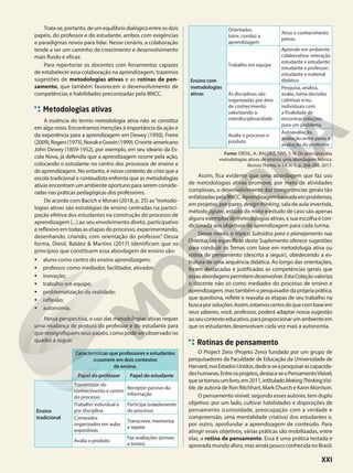 Trata-se,portanto,deumequilíbriodialógicoentreosdois
papéis, do professor e do estudante, ambos com exigências
e paradigmas novos para lidar. Nesse cenário, a colaboração
tende a ser um caminho de crescimento e desenvolvimento
mais fluido e eficaz.
Para repertoriar os docentes com ferramentas capazes
de estabelecer essa colaboração na aprendizagem, trazemos
sugestões de metodologias ativas e as rotinas de pen-
samento, que também favorecem o desenvolvimento de
competências e habilidades preconizadas pela BNCC.
Metodologias ativas
A essência do termo metodologia ativa não se constitui
em algo novo. Encontramos menções à importância da ação e
da experiência para a aprendizagem em Dewey (1950), Freire
(2009),Rogers(1973),NovakeGowin(1999).Onorte-americano
John Dewey (1859-1952), por exemplo, em seu ideário da Es-
cola Nova, já defendia que a aprendizagem ocorre pela ação,
colocando o estudante no centro dos processos de ensino e
de aprendizagem. No entanto, é nesse contexto de crise que a
escola tradicional e conteudista enfrenta que as metodologias
ativas encontram um ambiente oportuno para serem conside-
radas nas práticas pedagógicas dos professores.
De acordo com Bacich e Moran (2018, p. 25) as“metodo-
logias ativas são estratégias de ensino centradas na partici-
pação efetiva dos estudantes na construção do processo de
aprendizagem [...] ao seu envolvimento direto, participativo
e reflexivo em todas as etapas do processo, experimentando,
desenhando, criando, com orientação do professor.” Dessa
forma, Diesil, Baldez & Martins (2017) identificam que os
princípios que constituem essa abordagem de ensino são:
• aluno como centro do ensino aprendizagem;
• professor como mediador, facilitador, ativador;
• inovação;
• trabalho em equipe;
• problematização da realidade;
• reflexão;
• autonomia.
Nessa perspectiva, o uso das metodologias ativas requer
uma mudança de postura do professor e do estudante para
que ressignifiquem seus papéis, como pode ser observado no
quadro a seguir.
Características que professores e estudantes
assumem em dois contextos
de ensino.
Papel do professor Papel do estudante
Ensino
tradicional
Transmissor do
conhecimento e centro
do processo
Receptor passivo da
informação
Trabalho individual e
por disciplina
Participa isoladamente
do processo
Conteúdos
organizados em aulas
expositivas
Transcreve, memoriza
e repete
Avalia o produto
Faz avaliações (provas
e testes)
Ensino com
metodologias
ativas
Orientador,
tutor, conduz a
aprendizagem
Ativa o conhecimento
prévio
Trabalho em equipe
Aprende em ambiente
colaborativo: interação
estudante x estudante;
estudante x professor;
estudante x material
didático
As disciplinas são
organizadas por área
de conhecimento
valorizando a
interdisciplinaridade
Pesquisa, analisa,
avalia, toma decisões
coletivas e/ou
individuais com
a finalidade de
encontrar soluções
para um problema
Avalia o processo e
produto
Autoavaliação,
avaliação entre pares e
avaliação do professor
Fonte: DIESIL, A.; BALDEZ, TINS, S. N. Os princípios das
metodologias ativas de ensino: uma abordagem teórica.
Revista Thema, v. 14, n. 1, p. 268-288, 2017.
Assim, fica evidente que uma abordagem que faz uso
de metodologias ativas promove, por meio de atividades
complexas, o desenvolvimento das competências gerais tão
enfatizadaspelaBNCC.Aprendizagembaseadaemproblemas,
em projetos, por pares, designthinking, sala de aula invertida,
método jigsaw, estudo do meio e estudo de caso são apenas
alguns exemplos de metodologias ativas, e sua escolha é con-
dicionada aos objetivos de aprendizagem para cada turma.
Desse modo, o tópico Subsídios para o planejamento nas
Orientações específicas deste Suplemento oferece sugestões
para conduzir os Temas com base em metodologia ativa ou
rotina de pensamento (descrita a seguir), obedecendo a es-
trutura de uma sequência didática. Ao longo das orientações,
foram destacadas e justificadas as competências gerais que
essasabordagenspermitemdesenvolver.EstaColeçãovaloriza
o docente não só como mediador do processo de ensino e
aprendizagem,mastambémopesquisadordaprópriaprática,
que questiona, reflete e reavalia as etapas de seu trabalho na
buscaporsoluções.Assim,estamoscertosdequecombaseem
seus saberes, você, professor, poderá adaptar nossa sugestão
aoseucontextoeducativo,paraproporcionarumambienteem
que os estudantes desenvolvam cada vez mais a autonomia.
Rotinas de pensamento
O Project Zero (Projeto Zero) fundado por um grupo de
pesquisadores da Faculdade de Educação da Universidade de
Harvard,nosEstadosUnidos,dedica-seapesquisarascapacida-
deshumanas.Entreosprojetos,destaca-seoPensamentoVisível,
quesetornouumlivro,em2011,intituladoMakingThinkingVisi-
ble,de autoria de Ron Ritchhart, Mark Church e Karin Morrison.
O pensamento visível, segundo esses autores, tem duplo
objetivo: por um lado, cultivar habilidades e disposições de
pensamento (curiosidade, preocupação com a verdade e
compreensão, uma mentalidade criativa) dos estudantes e,
por outro, aprofundar a aprendizagem de conteúdo. Para
atingir esses objetivos, várias práticas são mobilizadas, entre
elas, a rotina de pensamento. Essa é uma prática testada e
aprovada mundo afora, mas ainda pouco conhecida no Brasil.
XXI
 