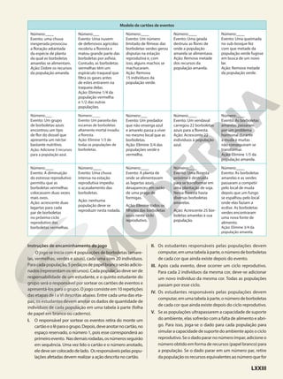 Modelo de cartões de eventos
Número:____
Evento: uma chuva
inesperada provocou
a floração adiantada
da espécie de planta
da qual as borboletas
amarelas se alimentam.
Ação: Dobre os recursos
da população amarela.
Número:___
Evento: Uma nuvem
de defensivos agrícolas
recobriu a floresta e
matou grande parte das
borboletas por asfixia.
Contudo, as borboletas
vermelhas têm um
espiráculo traqueal que
filtra os gases antes
de estes entrarem na
traqueia delas.
Ação: Elimine 1/4 da
população vermelha
e 1/2 das outras
populações.
Número:____
Evento: Um número
limitado de fêmeas das
borboletas verdes gerou
disputas na estação
reprodutiva e, com
isso, alguns machos se
machucaram.
Ação: Remova
15 indivíduos da
população verde.
Número:____
Evento: Uma geada
destruiu as flores de
onde a população
amarela se alimentava.
Ação: Remova metade
dos recursos da
população amarela.
Número:____
Evento: Uma queimada
no sub-bosque fez
com que metade da
população verde fugisse
em busca de um novo
lar.
Ação: Remova metade
da população verde.
Número:___
Evento: Um grupo
de borboletas azuis
encontrou um tipo
de flor do dossel que
apresenta um néctar
bastante nutritivo.
Ação: Adicione 3 recursos
para a população azul.
Número:____
Evento: Um parasita das
escamas de borboletas
altamente mortal invadiu
a floresta.
Ação: Elimine 1/3 de
todas as populações de
borboletas.
Número:___
Evento: Um predador
que não enxerga azul
e amarelo passa a viver
no mesmo local que as
borboletas.
Ação: Elimine 3/4 das
populações verde e
vermelha.
Número:____
Evento: Um vendaval
carregou 22 borboletas
azuis para a floresta.
Ação: Acrescente 22
indivíduos à população
azul.
Número:____
Evento: As borboletas
amarelas passaram
por um problema
hormonal durante
a muda e muitas
não conseguiram se
transformar.
Ação: Elimine 1/5 da
população amarela.
Número:____
Evento: A diminuição
do estresse reprodutivo
permitiu que as
borboletas vermelhas
colocassem duas vezes
mais ovos.
Ação: acrescente duas
lagartas para cada
par de borboletas
no próximo ciclo
reprodutivo das
borboletas vermelhas.
Número:____
Evento: Uma chuva
intensa na estação
reprodutiva impediu
o acasalamento das
borboletas.
Ação: nenhuma
população deve se
reproduzir nesta rodada.
Número:____
Evento: A planta de
onde se alimentavam
as lagartas azuis
desapareceu em razão
de uma praga de
formigas.
Ação: Elimine todos os
filhotes das borboletas
azuis neste ciclo
reprodutivo.
Número:____
Evento: Uma floresta
próxima é destruída
para se transformar em
uma plantação de soja.
Nessa floresta havia
diversas borboletas
amarelas.
Ação: Acrescente 25 bor-
boletas amarelas à sua
população.
Número:____
Evento: As borboletas
amarelas e as verdes
passaram a competir
pelo local de muda
depois que um fungo
se espalhou pelo local
onde elas faziam a
ecdise. As borboletas
verdes encontraram
uma nova fonte de
alimento.
Ação: Elimine 3/4 da
população amarela.
Instruções de encaminhamento do jogo
O jogo se inicia com 4 populações de borboletas (amare-
las, vermelhas, verdes e azuis), cada uma com 20 indivíduos.
Paracadapopulação,5pedaçosdepapelbrancoserãoadicio-
nados(representamosrecursos).Cadapopulaçãodeveserde
responsabilidade de um estudante, e o quinto estudante do
grupo será o responsável por sortear os cartões de eventos e
apresentá-los para o grupo. O jogo consiste em 10 repetições
das etapas de I a VI descritas abaixo. Entre cada uma das eta-
pas, os estudantes devem anotar os dados de quantidade de
indivíduos de cada população em uma tabela à parte (folha
de papel em branco ou caderno).
I. O responsável por sortear os eventos retira do monte um
cartãoeolêparaogrupo.Depois,deveanotarnocartão,no
espaço reservado, o número 1, pois esse corresponderá ao
primeiroevento. Nasdemaisrodadas,osnúmerosseguirão
em sequência. Uma vez lido o cartão e o número anotado,
eledevesercolocadodelado. Osresponsáveispelaspopu-
lações afetadas devem realizar a ação descrita no cartão.
II. Os estudantes responsáveis pelas populações devem
computar,emumatabelaàparte,onúmerodeborboletas
de cada cor que ainda existe depois do evento.
III. Após cada evento, deve ocorrer um ciclo reprodutivo.
Para cada 2 indivíduos da mesma cor, deve-se adicionar
um novo indivíduo da mesma cor. Todas as populações
passam por esse ciclo.
IV. Os estudantes responsáveis pelas populações devem
computar,emumatabelaàparte,onúmerodeborboletas
de cada cor que ainda existe depois do ciclo reprodutivo.
V. Se as populações ultrapassarem a capacidade de suporte
do ambiente, elas sofrerão com a falta de alimento e abri-
go. Para isso, joga-se o dado para cada população para
simular a capacidade de suporte do ambiente após o ciclo
reprodutivo. Se o dado parar no número ímpar, adicione o
número obtido em forma de recursos (papel branco) para
a população. Se o dado parar em um número par, retire
da população os recursos equivalentes ao número que for
LXXIII
 