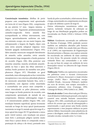 111
Caracterização taxonômica: Abelhas de porte
pequeno com comprimento total aproximado
em torno de 4,3 mm (Figura 194); comprimento
da asa anterior 3,7 mm; largura máxima a
cabeça 2,1 mm. Tegumento predominantemente
castanho-enegrecido. Estria amarela fina
acompanhando as órbitas internamente, com
largura aproximadamente uniforme em toda
sua extensão; escapo, em sua maior largura, não
sobrepassando a largura do flagelo; clípeo com
uma estria amarela subapical (algumas vezes
bastante apagada medianamente) (Figura 195);
labro amarelo; mesoscuto margeado lateralmente
de amarelo; axilas amarelas; estria amarela
relativamente larga margeando o bordo posterior
do escutelo (Figura 196); tíbia posterior sem
manchas amarelas; mancha arredonda amarelo-
pálida na base e ápice das tíbias anteriores e
médias; bordo posterior da metatíbia sem pelos
plumosos (Figura 197). Pilosidade no geral
amarelada, mais esbranquiçada na face ventral dos
mesepisternos e nos esternos; pilosidade plumosa
do mesoscuto amarelada bastante fina, curta e
decumbente, com algumas cerdas amareladas
e acastanhadas um pouco mais compridas e
eretas intercalando os pelos plumosos; cerdas
mais longas no bordo posterior do escutelo, com
comprimento aproximado de metade de seu
comprimento. Abdome subtriangular; tergos I
e II extensivamente polidos (Figura 198), com
tesselação bastante superficial, apenas levemente
marcada ao longo do terço apical (praticamente
inexistente no tergo I); metade apical do tergo II, e
terço apical dos tergos III-VI (geralmente a única
parte visível nestes), com tesselação um pouco
mais forte e pontuação pilígera (porém muito
mais fraca e pouco densa se comparada coma a
pontuação da cabeça e do tórax), portando uma
banda de pelos acastanhados, relativamente densa
e longa, aumentando em comprimento em direção
ao ápice do abdome a partir de tergo II.
Outras informações taxonômicas sobre esta
espécie, incluindo variações da coloração ao
longo de sua distribuição geográfica podem ser
encontradas em Ducke (1916) e Schwarz (1938,
1948).
Hábitat: Geralmente encontrada em ambientes
de florestas (Camargo, 1994), podendo ocorrer
também em ambientes alterados pelo homem
(Gribel et al. 2008). Em estudo feito por Oliveira
et al. (1995), em experimentos de fragmentação
florestal próximo a Manaus, essa espécie somente
foi encontrada em ambiente de mata contínua
de terra firme. No presente estudo foi coletada
visitando flores nas comunidades e ao redor
da casa na base de campo em ambiente de terra
firme/paleo-várzea1
na cabeceira do Lago Amanã
(Figura 204.A).
Nidificação: Nidifica em cupinzeiros encontrados
em palmeiras como o tucumã (Astrocaryum
aculeatum G. Meyer, Arecaceae) e o inajá (Attalea
maripa (Aubl.) Mart.= Maximiliana maripa
(Aublet) Drude., Arecaceae (Palmae)), também
em ocos de árvores, mas sempre associados a
cupinzeiros arbóreos vivos (Camargo, 1994;
Camargo & Moure, 1994; Gribel et al., 2008).
Entrada do ninho: Como observado por Oliveira,
Assis & Queiroz (informação pessoal), esta espécie
constrói uma entrada bastante característica
(Figuras 199 e 200), constituída por um pequeno
orifício de cerume que varia de esbranquiçado a
amarronzado, o qual possui uma borda estreita
superiormente e uma pequena saliência na parte
inferior (lábio), funcionando como plataforma de
pouso e decolagem, sendo a abertura (orifício de
entrada) circular, variando entre 3 a 4 mm.
1
Segundo Irion et al., 2011
Aparatrigona impunctata (Ducke, 1916)
Nomes populares: cupineira, na região de Manaus (AM).
Aparatrigona
 