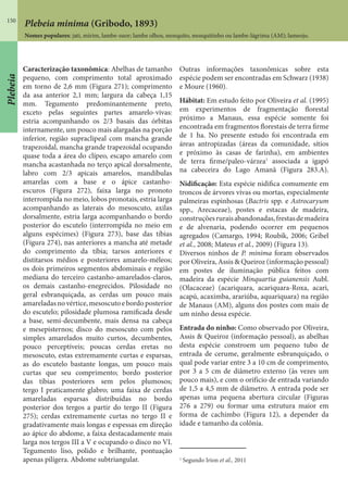 150
Plebeia
Plebeia minima (Gribodo, 1893)
Nomes populares: jati, mirim, lambe-suor; lambe olhos, mosquito, mosquitinho ou lambe-lágrima (AM); lameojo.
Caracterização taxonômica: Abelhas de tamanho
pequeno, com comprimento total aproximado
em torno de 2,6 mm (Figura 271); comprimento
da asa anterior 2,1 mm; largura da cabeça 1,15
mm. Tegumento predominantemente preto,
exceto pelas seguintes partes amarelo-vivas:
estria acompanhando os 2/3 basais das órbitas
internamente, um pouco mais alargadas na porção
inferior, região supraclipeal com mancha grande
trapezoidal, mancha grande trapezoidal ocupando
quase toda a área do clípeo, escapo amarelo com
mancha acastanhada no terço apical dorsalmente,
labro com 2/3 apicais amarelos, mandíbulas
amarelas com a base e o ápice castanho-
escuros (Figura 272), faixa larga no pronoto
interrompida no meio, lobos pronotais, estria larga
acompanhando as laterais do mesoscuto, axilas
dorsalmente, estria larga acompanhando o bordo
posterior do escutelo (interrompida no meio em
alguns espécimes) (Figura 273), base das tíbias
(Figura 274), nas anteriores a mancha até metade
do comprimento da tíbia; tarsos anteriores e
distitarsos médios e posteriores amarelo-méleos;
os dois primeiros segmentos abdominais e região
mediana do terceiro castanho-amarelados-claros,
os demais castanho-enegrecidos. Pilosidade no
geral esbranquiçada, as cerdas um pouco mais
amareladasnovértice,mesoscutoebordoposterior
do escutelo; pilosidade plumosa ramificada desde
a base, semi-decumbente, mais densa na cabeça
e mesepisternos; disco do mesoscuto com pelos
simples amarelados muito curtos, decumbentes,
pouco perceptíveis; poucas cerdas eretas no
mesoscuto, estas extremamente curtas e esparsas,
as do escutelo bastante longas, um pouco mais
curtas que seu comprimento; bordo posterior
das tíbias posteriores sem pelos plumosos;
tergo I praticamente glabro; uma faixa de cerdas
amareladas esparsas distribuídas no bordo
posterior dos tergos a partir do tergo II (Figura
275); cerdas extremamente curtas no tergo II e
gradativamente mais longas e espessas em direção
ao ápice do abdome, a faixa destacadamente mais
larga nos tergos III a V e ocupando o disco no VI.
Tegumento liso, polido e brilhante, pontuação
apenas pilígera. Abdome subtriangular.
Outras informações taxonômicas sobre esta
espécie podem ser encontradas em Schwarz (1938)
e Moure (1960).
Hábitat: Em estudo feito por Oliveira et al. (1995)
em experimentos de fragmentação florestal
próximo a Manaus, essa espécie somente foi
encontrada em fragmentos florestais de terra firme
de 1 ha. No presente estudo foi encontrada em
áreas antropizadas (áreas da comunidade, sítios
e próximo às casas de farinha), em ambientes
de terra firme/paleo-várzea1
associada a igapó
na cabeceira do Lago Amanã (Figura 283.A).
Nidificação: Esta espécie nidifica comumente em
troncos de árvores vivas ou mortas, especialmente
palmeiras espinhosas (Bactris spp. e Astrocaryum
spp., Arecaceae), postes e estacas de madeira,
construçõesruraisabandonadas,frestasdemadeira
e de alvenaria, podendo ocorrer em pequenos
agregados (Camargo, 1994; Roubik, 2006; Gribel
et al., 2008; Mateus et al., 2009) (Figura 13).
Diversos ninhos de P. minima foram observados
por Oliveira, Assis & Queiroz (informação pessoal)
em postes de iluminação pública feitos com
madeira da espécie Minquartia guianensis Aubl.
(Olacaceae) (acariquara, acariquara-Roxa, acari,
acapú, acaximba, arariúba, aquariquara) na região
de Manaus (AM), alguns dos postes com mais de
um ninho dessa espécie.
Entrada do ninho: Como observado por Oliveira,
Assis & Queiroz (informação pessoal), as abelhas
desta espécie constroem um pequeno tubo de
entrada de cerume, geralmente esbranquiçado, o
qual pode variar entre 3 a 10 cm de comprimento,
por 3 a 5 cm de diâmetro externo (às vezes um
pouco mais), e com o orifício de entrada variando
de 1,5 a 4,5 mm de diâmetro. A entrada pode ser
apenas uma pequena abertura circular (Figuras
276 a 279) ou formar uma estrutura maior em
forma de cachimbo (Figura 12), a depender da
idade e tamanho da colônia.
1
Segundo Irion et al., 2011
 