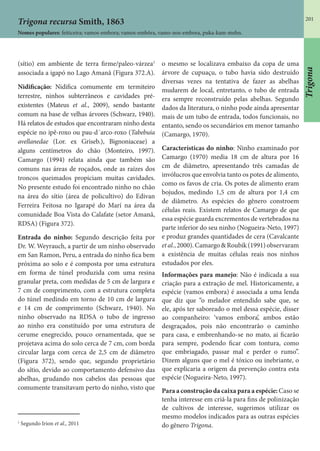 201
Trigona recursa Smith, 1863
Nomes populares: feiticeira; vamos-embora; vamos-embôra, vamo-nos-embora, puka-kam-mehn.
(sítio) em ambiente de terra firme/paleo-várzea1
associada a igapó no Lago Amanã (Figura 372.A).
Nidificação: Nidifica comumente em termiteiro
terrestre, ninhos subterrâneos e cavidades pré-
existentes (Mateus et al., 2009), sendo bastante
comum na base de velhas árvores (Schwarz, 1940).
Há relatos de estudos que encontraram ninho desta
espécie no ipê-roxo ou pau-d´arco-roxo (Tabebuia
avellanedae (Lor. ex Griseb.), Bignoniaceae) a
alguns centímetros do chão (Monteiro, 1997).
Camargo (1994) relata ainda que também são
comuns nas áreas de roçados, onde as raízes dos
troncos queimados propiciam muitas cavidades.
No presente estudo foi encontrado ninho no chão
na área do sítio (área de policultivo) do Edivan
Ferreira Feitosa no Igarapé do Marí na área da
comunidade Boa Vista do Calafate (setor Amanã,
RDSA) (Figura 372).
Entrada do ninho: Segundo descrição feita por
Dr. W. Weyrauch, a partir de um ninho observado
em San Ramon, Peru, a entrada do ninho fica bem
próxima ao solo e é composta por uma estrutura
em forma de túnel produzida com uma resina
granular preta, com medidas de 5 cm de largura e
7 cm de comprimento, com a estrutura completa
do túnel medindo em torno de 10 cm de largura
e 14 cm de comprimento (Schwarz, 1940). No
ninho observado na RDSA o tubo de ingresso
ao ninho era constituído por uma estrutura de
cerume enegrecido, pouco ornamentada, que se
projetava acima do solo cerca de 7 cm, com borda
circular larga com cerca de 2,5 cm de diâmetro
(Figura 372), sendo que, segundo proprietário
do sítio, devido ao comportamento defensivo das
abelhas, grudando nos cabelos das pessoas que
comumente transitavam perto do ninho, visto que
o mesmo se localizava embaixo da copa de uma
árvore de cupuaçu, o tubo havia sido destruído
diversas vezes na tentativa de fazer as abelhas
mudarem de local, entretanto, o tubo de entrada
era sempre reconstruído pelas abelhas. Segundo
dados da literatura, o ninho pode ainda apresentar
mais de um tubo de entrada, todos funcionais, no
entanto, sendo os secundários em menor tamanho
(Camargo, 1970).
Características do ninho: Ninho examinado por
Camargo (1970) media 18 cm de altura por 16
cm de diâmetro, apresentando três camadas de
invólucros que envolvia tanto os potes de alimento,
como os favos de cria. Os potes de alimento eram
bojudos, medindo 1,5 cm de altura por 1,4 cm
de diâmetro. As espécies do gênero constroem
células reais. Existem relatos de Camargo de que
essa espécie guarda excrementos de vertebrados na
parte inferior do seu ninho (Nogueira-Neto, 1997)
e produz grandes quantidades de cera (Cavalcante
etal.,2000).Camargo&Roubik(1991)observaram
a existência de muitas células reais nos ninhos
estudados por eles.
Informações para manejo: Não é indicada a sua
criação para a extração de mel. Historicamente, a
espécie (vamos embora) é associada a uma lenda
que diz que “o melador entendido sabe que, se
ele, após ter saboreado o mel dessa espécie, disser
ao companheiro: ‘vamos embora’, ambos estão
desgraçados, pois não encontrarão o caminho
para casa, e embrenhando-se no mato, ai ficarão
para sempre, podendo ficar com tontura, como
que embriagado, passar mal e perder o rumo”.
Dizem alguns que o mel é tóxico ou inebriante, o
que explicaria a origem da prevenção contra esta
espécie (Nogueira-Neto, 1997).
Para a construção da caixa para a espécie: Caso se
tenha interesse em criá-la para fins de polinização
de cultivos de interesse, sugerimos utilizar os
mesmo modelos indicados para as outras espécies
do gênero Trigona.
1
Segundo Irion et al., 2011
Trigona
 