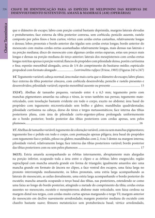 226
ChaveTaxonômica
CHAVE DE IDENTIFICAÇÃO PARA AS ESPÉCIES DE MELIPONINI DAS RESERVAS DE
DESENVOLVIMENTO SUSTENTÁVEL AMANÃ & MAMIRAUÁ (AM) (OPERÁRIAS)
que o diâmetro do escapo; labro com porção central bastante deprimida, margens laterais elevadas
e protuberantes; face externa da tíbia posterior convexa, sem corbícula; penicilo ausente, rastelo
composto por pelos finos e bem curtos; vértice com cerdas eretas castanhas, relativamente longas
e densas; lobos pronotais e bordo anterior das tégulas sem cerdas eretas longas; bordo anterior do
mesoscuto com muitas cerdas eretas acastanhadas relativamente longas, mais densas nas laterais e
na porção mediana; disco do mesoscuto com algumas cerdas eretas esparsas, estas um pouco mais
longas e densas na porção mediana do terço anterior; laterais dos mesepisternos com cerdas eretas
longas restritas apenas à porção ventral; flancos do propódeo com pilosidade densa, porém curtíssima
e fina; esporão mesotibial alongado, cerca de 1/4 do comprimento do basitarso médio; espiráculo
propodeal com formato alongado ...................... Lestrimelitta rufipes (Friese, 1903) (Figuras 243 a 247)
14’. Tegumento variável; cabeça normal; área malar mais curta que o diâmetro do escapo; labro plano;
face externa da tíbia posterior côncava, com corbícula desenvolvida; penicilo e rastelo presentes e
desenvolvidos; pilosidade variável; esporão mesotibial ausente ou presente ....................................... 15
15(14’). Abelhas de tamanho pequeno, variando entre 4 a 6,5 mm; tegumento preto com
manchas pigmentares amarelas na cabeça e tórax, às vezes também nas pernas; tegumento mate-
reticulado, com tesselação bastante evidente em todo o corpo, exceto no abdome; área basal do
propódeo com tegumento microreticulado sem brilho e glabro; mandíbulas quadridentadas;
pilosidade curtíssima na cabeça, dorso do tórax e tergos metassomáticos; face interna das tíbias
posteriores plana, com área de pilosidade curto-argenteo-pilosa prolongada uniformemente
ate o bordo posterior; bordo posterior das tíbias posteriores com cerdas apenas, sem pelos
plumosos.......................................................................................................................................................16
15’.Abelhasdetamanhovariável;tegumentodecoloraçãovariável,comousemmanchaspigmentares;
tegumento liso e polido em todo o corpo, com pontuação apenas pilígera; área basal do propódeo
com tegumento liso e polido, piloso ou glabro; mandíbulas com 2, 4 ou 5 dentes na margem interna;
pilosidade visível, relativamente longa; face interna das tíbias posteriores variável; bordo posterior
das tíbias posteriores com ou sem pelos plumosos .................................................................................. 17
16(15). Estria amarela acompanhando as órbitas internamente, abruptamente mais alargadas
na porção inferior, ocupando toda a área entre o clípeo e as órbitas; labro enegrecido; região
supraclipeal com mancha amarela grande em forma de triangulo; igualmente amarelos são: uma
mancha grande em formato de âncora no clípeo, a face ventral dos escapos, uma faixa larga no
pronoto interrompida medianamente, os lobos pronotais, uma estria larga acompanhando as
laterais do mesoscuto, as axilas dorsalmente, uma estria larga acompanhando o bordo posterior do
escutelo; mancha amarela ocupando o terço basal das tíbias, nas posteriores, estendendo-se como
uma faixa ao longo do bordo posterior, atingindo a metade do comprimento da tíbia; cerdas eretas
ausentes no mesoscuto, escutelo e mesepisternos; abdome mate reticulado, sem faixa cerdosa na
margem distal nos tergos, com cerdas muito curtas apenas margeando o tergo VI; margem anterior
do mesoscuto em declive suavemente arredondado; margem posterior mediana do escutelo com
chanfro bastante suave; fêmures metatorácico sem protuberância basal; vértice arredondado,
 