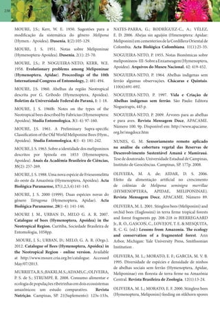 238
MOURE, J.S.; Kerr, W. E. 1950. Sugestões para a
modificação da sistemática do gênero Melipona
(Hymen.- Apoidea). Dusenia, 1(2):105-129.
MOURE, J. S. 1951. Notas sobre Meliponinae
(Hymenoptera-Apoidea). Dusenia, 2(1): 25-70.
MOURE, J.S.; P. NOGUEIRA-NETO; KERR, W.E.
1958. Evolutionary problems among Meliponinae
(Hymenoptera, Apidae). Proceedings of the 10th
International Congress of Entomology, 2: 481-494.
MOURE, J.S. 1960. Abelhas da região Neotropical
descrita por G. Gribodo (Hymenoptera, Apoidea).
Boletim da Universidade Federal do Paraná, 1: 1-18.
MOURE, J. S. 1960b. Notes on the types of the
Neotropical bees described by Fabricius (Hymenoptera:
Apoidea). Studia Entomologica, 3(1-4): 97-160.
MOURE, J.S. 1961. A Preliminary Supra-specific
Classification of the Old World Meliponine Bees (Hym.,
Apoidea). Studia Entomologica, 4(1- 4): 181-242.
MOURE, J. S. 1963. Sobre a identidade dos meliponinos
descritos por Spinola em 1853 (Hymenoptera,
Apoidea). Anais da Acadêmia Brasileira de Ciências,
35(2): 257-269.
MOURE, J. S. 1988. Uma nova espécie de Frieseomelitta
do oeste da Amazônia (Hymenoptera, Apoidea). Acta
Biológica Paranaense, 17(1,2,3,4):141-145.
MOURE, J. S. 2000 (1999). Duas espécies novas do
gênero Tetragona (Hymenoptera, Apidae). Acta
Biológica Paranaense, 28(1-4): 141-146.
MOURE J. M., URBAN D., MELO G. A. R. 2007.
Catalogue of bees (Hymenoptera, Apoidea) in the
Neotropical Region. Curitiba, Sociedade Brasileira de
Entomologia, 1058pp.
MOURE, J. S.; URBAN, D.; MELO, G. A. R. (Orgs.).
2012. Catalogue of Bees (Hymenoptera, Apoidea) in
the Neotropical Region - online version. Available
at http://www.moure.cria.org.br/catalogue. Accessed
May/07/2013.
MURRIETA,R.S.;BAKRI,M.S.;ADAMS,C.;OLIVEIRA,
P. S. de S.; STRUMPF, R. 2008. Consumo alimentar e
ecologiadepopulaçõesribeirinhasemdoisecossistemas
amazônicos: um estudo comparativo. Revista
Nutrição. Campinas, SP. 21(Suplemento): 123s-133s.
NATES-PARRA, G.; RODRÍGUEZ-C., A.; VÉLEZ,
E. D. 2006. Abejas sin aguijón (Hmenoptera: Apidae:
Meliponini)emcementeriosdelaCordilleraOrientalde
Colombia. Acta Biológica Colombiana. 11(1):25-35.
NOGUEIRA-NETO, P. 1955. Notas Bionômicas sobre
meliponíneos-III-SobreaEnxameagem(Hymenoptera,
Apoidea). Arquivos do Museu Nacional. 42: 419-452.
NOGUEIRA-NETO, P. 1964. Abelhas indígenas sem
ferrão algumas observações. Chácaras e Quintais.
110(6):691-692.
NOGUEIRA-NETO, P. 1997. Vida e Criação de
Abelhas indígenas sem ferrão. São Paulo: Editora
Nogueirapis, 445 p.
NOGUEIRA-NETO, P. 2009. Árvores para as abelhas
e para aves. Revista Mensagem Doce, APACAME.
Número 100. 9p. Disponível em: http://www.apacame.
org.br/msgdoce.htm
NUNES, G. M. Sensoriamento remoto aplicado
na análise da cobertura vegetal das Reservas de
Desenvolvimento Sustentável Amanã e Mamirauá.
Tesededoutorado.UniversidadeEstadualdeCampinas,
Instituto de Geociências. Campinas, SP. 177p. 2008.
OLIVEIRA, M. A. de; AIDAR, D. S. 2006.
Efeito da alimentação artificial no crescimento
de colônias de Melipona seminigra merrillae
(HYMENOPTERA, APIDAE, MELIPONINAE).
Revista Mensagem Doce, APACAME. Número 89.
OLIVEIRA, M. L. 2001. Stingless bees (Meliponini) and
orchid bees (Euglossini) in terra firme tropical forests
and forest fragments pp. 208-218 in BIERREGAARD
Jr., R. O., GASCON, C., LOVEJOY, T. E. & MESQUITA,
R. C. G. (ed.) Lessons from Amazonia. The ecology
and conservation of a fragmented forest. Ann
Arbor, Michigan: Yale University Press, Smithsonian
Institution .
OLIVEIRA, M. L.; MORATO, E. F.; GARCIA, M. V. B.
1995. Diversidade de espécies e densidade de ninhos
de abelhas sociais sem ferrão (Hymenoptera, Apidae,
Meliponinae) em floresta de terra firme na Amazônia
Central. Revista Brasileira de Zoologia. 12(1):13-24.
OLIVEIRA, M. L.; MORATO, E. F. 2000. Stingless bees
(Hymenoptera, Meliponini) feeding on stikhorn spores
 