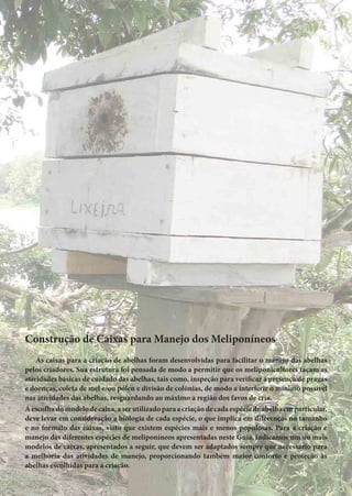 Construção de Caixas para Manejo dos Meliponíneos
As caixas para a criação de abelhas foram desenvolvidas para facilitar o manejo das abelhas
pelos criadores. Sua estrutura foi pensada de modo a permitir que os meliponicultores façam as
atividades básicas de cuidado das abelhas, tais como, inspeção para verificar a presença de pragas
e doenças, coleta de mel e/ou pólen e divisão de colônias, de modo a interferir o mínimo possível
nas atividades das abelhas, resguardando ao máximo a região dos favos de cria.
Aescolhadomodelodecaixa,aserutilizadoparaacriaçãodecadaespéciedeabelhaemparticular,
deve levar em consideração a biologia de cada espécie, o que implica em diferenças no tamanho
e no formato das caixas, visto que existem espécies mais e menos populosas. Para a criação e
manejo das diferentes espécies de meliponíneos apresentadas neste Guia, indicamos um ou mais
modelos de caixas, apresentados a seguir, que devem ser adaptados sempre que necessário para
a melhoria das atividades de manejo, proporcionando também maior conforto e proteção às
abelhas escolhidas para a criação.
 
