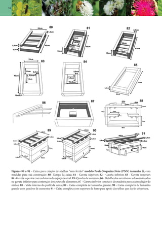 54
Figuras 80 a 91 - Caixa para criação de abelhas “sem-ferrão” modelo Paulo Nogueira-Neto (PNN) tamanho G, com
medidas para sua construção: 80- Tampa da caixa; 81 - Gaveta superior; 82 - Gaveta inferior; 83 - Gaveta superior;
84-Gavetasuperiorcomredutoresdoespaçocentral;85-Quadrodeaumento;86-Detalhedossarrafosousulcoscolocados
na gaveta inferior para contenção dos potes de alimentos; 87 - Gaveta inferior com taco de madeira para acomodação do
ninho; 88 - Vista interna do perfil da caixa; 89 - Caixa completa de tamanho grande; 90 - Caixa completa de tamanho
grande com quadros de aumento; 91 - Caixa completa com suportes de ferro para apoio das telhas que darão cobertura.
 
