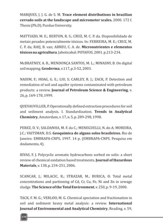 134
MARQUES, J. J. G. de S. M. Trace element distributions in brazilian
cerrado soils at the landscape and micrometer scales. 2000. 172 f.
Thesis(Ph.D).PurdueUniversity.
MATTIAZO, M. E.; BERTON, R. S.; CRUZ, M. C. P. da. Disponibilidade de
metais pesados potencialmente tóxicos. In: FERREIRA, M. E.; CRUZ, M.
C. P. da; RAIJ, B. van; ABREU, C. A. de. Micronutrientes e elementos
tóxicosnaagricultura.Jaboticabal:POTAFOS,2001.p.213-234.
McBRATNEY, A. B., MENDONÇA SANTOS, M. L.; MINASNY, B. On digital
soilmapping.Geoderma,v.117,p.3-52,2003.
NADIM, F.; HOAG, G. E.; LIU, S; CARLEY, R. J.; ZACK, P. Detection and
remediation of soil and aquifer systems contaminated with petroleum
products: a review. Journal of Petroleum Science & Engineering, v.
26,p.169-178,1999.
QUEVAUVILLER, P. Operationally defined extraction procedures for soil
and sediment analysis. I. Standardization. Trends in Analytical
Chemistry,Amsterdam,v.17,n.5,p.289-298,1998.
PEREZ, D. V.; SALDANHA, M. F. da C.; MENEGUELLI, N. do A; MOREIRA,
J.C.; VAITSMAN, D.S. Geoquimica de alguns solos brasileiros. Rio de
Janeiro: EMBRAPA-CNPS, 1997. 14 p. (EMBRAPA-CNPS. Pesquisa em
Andamento,4).
RIVAS, F. J. Polycyclic aromatic hydrocarbons sorbed on solis: a short
review of chemical oxidation based treatments. Journal of Hazardous
Materials,v.138,p.234-251,2006.
SCANCAR, J.; MILACIC, R.; STRAZAR, M.; BURICA, O. Total metal
concentrations and partioning of Cd, Cr, Cu, Fe, Ni and Zn in sewage
sludge.TheScienceoftheTotalEnvironment,v.250,p.9-19,2000.
TACK, F. M. G.; VERLOO, M. G. Chemical speciation and fractionation in
soil and sediment heavy metal analysis: a review. International
Journal of Environmental and Analytical Chemistry, Reading, v. 59,
 