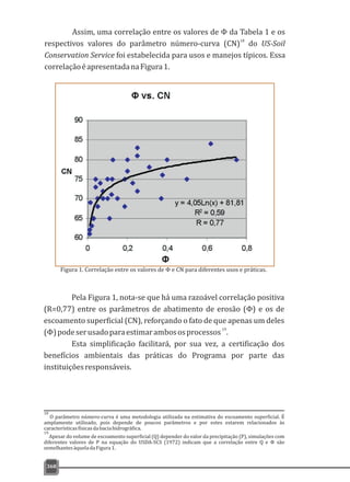 Pela Figura 1, nota-se que há uma razoável correlação positiva
(R=0,77) entre os parâmetros de abatimento de erosão (Φ) e os de
escoamento superficial (CN), reforçando o fato de que apenas um deles
19
(Φ)podeserusadoparaestimarambososprocessos .
Esta simplificação facilitará, por sua vez, a certificação dos
benefícios ambientais das práticas do Programa por parte das
instituiçõesresponsáveis.
368
18
O parâmetro número-curva é uma metodologia utilizada na estimativa do escoamento superficial. É
amplamente utilizado, pois depende de poucos parâmetros e por estes estarem relacionados às
característicasfísicasdabaciahidrográfica.
19
Apesar do volume de escoamento superficial (Q) depender do valor da precipitação (P), simulações com
diferentes valores de P na equação do USDA-SCS (1972) indicam que a correlação entre Q e Φ são
semelhantesàqueladaFigura1.
Assim, uma correlação entre os valores de Φ da Tabela 1 e os
18
respectivos valores do parâmetro número-curva (CN) do US-Soil
Conservation Service foi estabelecida para usos e manejos típicos. Essa
correlaçãoéapresentadanaFigura1.
Figura 1. Correlação entre os valores de Φ e CN para diferentes usos e práticas.
 