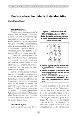 102
M A N U A L D E T R A U M A O R T O P É D I C O
Fraturas da extremidade distal do rádio
Giana Silveira Giostri
Epidemiologia
A fratura no terço distal do rádio é a
mais comum das fraturas do membro
superior. Em um levantamento epi-
demiológico feito por três meses no
Pronto Socorro do Hospital Universitá-
rioCajuruemCuritiba,afraturadoterço
distal do rádio, associada ou não à ulna,
correspondeu a 28% das fraturas do
membro superior e 5% de todas as fra-
turas atendidas no setor de ortopedia.
O perfil mais comum para essa fra-
tura é a mulher, acima de 50 anos que
sofreu queda com a mão espalmada.
De sorte que o desvio dorsal é o mais
observado e, a maioria das fraturas
é extra-articular ou apresenta traço
intra-articular simples.
Com o aumento dos acidentes de
trânsito, ressaltando o número cres-
cente de traumas envolvendo mo-
tocicletas, há maior possibilidade de
lesões graves que atingem o punho e
resultam em fraturas complexas que
acometem pacientes cada vez mais
jovens. Essas lesões estão comumente
associadas a avulsões ligamentares,
fraturas dos ossos do carpo, fraturas da
ulna e fragmentos articulares, que difi-
cultam o tratamento e têm influencia
no prognóstico da lesão.
Classificação
Existem vários sistemas descri-
tos para classificar as fraturas do
terço distal do rádio. Todas apre-
sentam deficiências em relação ao
grau de reprodutibilidade intra e
interobservadores. Ressaltamos a
classificação difundida pela Fun-
dação AO (fig. 1), a classificação
Universal (fig.2) e a proposta por
Fernandez (fig 3). Essas são as clas-
sificações mais citadas na literatura
Figura 1. Representação da
Classificação AO para o terço
distal do rádio. (Muller ME, Nazarian
S, Koch P. AO classification of fractures.
Berlin: Springer; 1987)
A. Fraturas isoladas da ulna e extrarticu-
lares do rádio com traço simples e comi-
nutas.
B. Fraturas marginais à articulação. São
fraturas intrarticulares parciais. Sofrem
força de cisalhamento.
C. Fraturas intrarticulares de traço sim-
ples, intrarticulares cominutas e fra-
turas com comprometimento metafi-
sário.
 