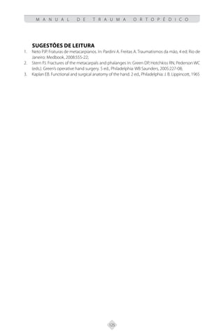 125
M A N U A L D E T R A U M A O R T O P É D I C O
SUGESTÕES DE LEITURA
Neto PJP. Fraturas de metacarpianos. In: Pardini A. Freitas A. Traumatismos da mão, 4 ed; Rio de
1.
Janeiro: Medbook, 2008:555-22;
Stern PJ. Fractures of the metacarpals and phalanges In: Green DP, Hotchkiss RN, Pederson WC
2.
(eds.). Green’s operative hand surgery. 5 ed., Philadelphia: WB Saunders, 2005:227-08;
Kaplan EB. Functional and surgical anatomy of the hand. 2 ed., Philadelphia: J. B. Lippincott, 1965
3.
 