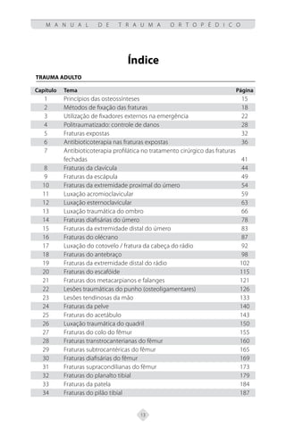 13
M A N U A L D E T R A U M A O R T O P É D I C O
Índice
	TRAUMA ADULTO
Capítulo Tema Página
1 Princípios das osteossínteses 15
2 Métodos de fixação das fraturas 18
3 Utilização de fixadores externos na emergência 22
4 Politraumatizado: controle de danos 28
5 Fraturas expostas 32
6 Antibioticoterapia nas fraturas expostas 36
7 Antibioticoterapia profilática no tratamento cirúrgico das fraturas
fechadas 41
8 Fraturas da clavícula 44
9 Fraturas da escápula 49
10 Fraturas da extremidade proximal do úmero 54
11 Luxação acromioclavicular 59
12 Luxação esternoclavicular 63
13 Luxação traumática do ombro 66
14 Fraturas diafisárias do úmero 78
15 Fraturas da extremidade distal do úmero 83
16 Fraturas do olécrano 87
17 Luxação do cotovelo / fratura da cabeça do rádio 92
18 Fraturas do antebraço 98
19 Fraturas da extremidade distal do rádio 102
20 Fraturas do escafóide 115
21 Fraturas dos metacarpianos e falanges 121
22 Lesões traumáticas do punho (osteoligamentares) 126
23 Lesões tendinosas da mão 133
24 Fraturas da pelve 140
25 Fraturas do acetábulo 143
26 Luxação traumática do quadril 150
27 Fraturas do colo do fêmur 155
28 Fraturas transtrocanterianas do fêmur 160
29 Fraturas subtrocantéricas do fêmur 165
30 Fraturas diafisárias do fêmur 169
31 Fraturas supracondilianas do fêmur 173
32 Fraturas do planalto tibial 179
33 Fraturas da patela 184
34 Fraturas do pilão tibial 187
 