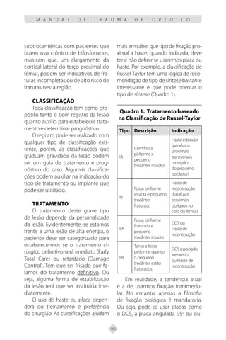 166
M A N U A L D E T R A U M A O R T O P É D I C O
subtrocantéricas com pacientes que
fazem uso crônico de bifosfonados,
mostram que, um alargamento da
cortical lateral do terço proximal do
fêmur, podem ser indicativos de fra-
turas incompletas ou de alto risco de
fraturas nesta região.
CLASSIFICAÇÃO
Toda classificação tem como pro-
pósito tanto o bom registro da lesão
quanto auxílio para estabelecer trata-
mento e determinar prognóstico.
O registro pode ser realizado com
qualquer tipo de classificação exis-
tente, porém, as classificações que
graduam gravidade da lesão podem
ser um guia de tratamento e prog-
nóstico do caso. Algumas classifica-
ções podem auxiliar na indicação do
tipo de tratamento ou implante que
pode ser utilizado.
TRATAMENTO
O tratamento deste grave tipo
de lesão depende da personalidade
da lesão. Evidentemente, se estamos
frente a uma lesão de alta energia, o
paciente deve ser categorizado para
estabelecermos se o tratamento ci-
rúrgico definitivo será imediato (Early
Total Care) ou retardado (Damage
Control). Tem que ser frisado que fa-
lamos do tratamento definitivo. Ou
seja, alguma forma de estabilização
da lesão terá que ser instituída ime-
diatamente.
O uso de haste ou placa depen-
derá do treinamento e preferência
do cirurgião. As classificações ajudam
maisemsaberquetipodefixaçãopro-
ximal a haste, quando indicada, deve
ter e não definir se usaremos placa ou
haste. Por exemplo, a classificação de
Russel-Taylor tem uma lógica de reco-
mendação de tipo de síntese bastante
interessante e que pode orientar o
tipo de síntese (Quadro 1).
Quadro 1. Tratamento baseado
na Classificação de Russel-Taylor
Tipo Descrição Indicação
IA
Com fossa
piriforme e
pequeno
trocânter intactos
Haste estândar
(parafusos
proximais
transversais
na região
do pequeno
trocânter)
IB
Fossa piriforme
intacta e pequeno
trocânter
fraturado
Haste de
reconstrução
(Parafusos
proximais
oblíquos no
colo do fêmur)
IIA
Fossa piriforme
fraturada e
pequeno
trocânter intacto
DCS ou
Haste de
reconstrução
IIB
Tanto a fossa
piriforme quanto
o pequeno
trocânter estão
fraturados
DCS associado
a enxerto
ou Haste de
reconstrução
Em realidade, a tendência atual
é a de usarmos fixação intramedu-
lar. No entanto, apenas a filosofia
de fixação biológica é mandatória.
Ou seja, pode-se usar placas como
o DCS, a placa angulada 95o
ou ou-
 