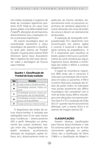 228
M A N U A L D E T R A U M A O R T O P É D I C O
nha média, localizada, é sugestivo de
lesão do complexo ligamentar pos-
terior (CLP). Pode-se, em casos mais
graves, palpar uma deformidade local
(“stepoff”), alterações de alinhamento,
distanciamento e/ou crepitações en-
tre os processos espinhosos.
No exame neurológico deve ser
caracterizado claramente o status
neurológico do paciente e classificá-
lo tanto pelo sistema de “Frankel”
(Quadro 1) quanto pelo sistema “ASIA”
(American Spinal Injury Association).
Não é objetivo de este texto descre-
ver sobre a abordagem do Trauma
raqui-medular.
Quadro 1. Classificação de
Frankel de lesão medular
Tipo Descrição
A Função motora e sensitiva ausente
B
Sensibilidade presente, motora au-
sente
C
Sensibilidade presente, motora pre-
sente porém não útil (Até M3/M5)
D
Sensibilidade presente, motora pre-
sente e útil (Força M4/M5)
E Função sensitiva e motora normais
O diagnóstico das lesões da co-
luna tóraco-lombar é realizado por
radiografias (raio X) em pelo menos
duas incidências – ântero-posterior
(AP) e perfil. Alterações no alinha-
mento dos corpos vertebrais, rota-
ção entre eles, irregularidades dos
platôs vertebrais, acunhamento,
alteração da angulação sagital (ci-
foses, etc.), distanciamento entre os
pedículos da mesma vértebra, dis-
tanciamento entre os processos es-
pinhosos de vértebras adjacentes e
outras alterações são sinais de lesões
da coluna e devem ser atentamente
pesquisados.
A realização de tomografia com-
putadorizada (TC), idealmente com
reconstruções nos planos sagital
e coronal, é essencial e deve fazer
parte rotineira da propedêutica. A
TC é importante para classificar as
lesões, avaliar e mensurar o acometi-
mento do canal vertebral por algum
fragmento ósseo, detalhar a morfo-
logia das lesões e definir a conduta
terapêutica [4].
O papel da ressonância magné-
tica (RM) ainda não é consenso. É
certo que sua realização não é neces-
sária em todos os pacientes. A RM é
o exame ideal para avaliação das le-
sões de partes moles. As indicações
mais aceitas atualmente são: déficit
neurológico não compatível com o
nível da lesão óssea, déficit neuroló-
gico sem alterações nos exames pré-
vios (raio X e TC) e avaliação de lesão
do CLP quando não for possível esta
definição com o exame físico e os
exames de imagem prévios [4].
CLASSIFICAÇÕES
Existem diversas classificações
para fraturas tóraco-lombares e não
há consenso sobre qual usar. As mais
comumente aplicadas na prática
clínica são: a classificação de Denis
(1984) e a classificação de Magerl e
 