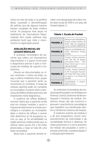 235
M A N U A L D E T R A U M A O R T O P É D I C O
cística no sítio da lesão e na periferia
desta, causando a desmielinização
de axônios que de alguma maneira
haviam escapado da lesão cinética
inicial1
. As pesquisas mais atuais no
tratamento do Traumatismo Raqui-
medular têm visado melhorar este
ambiente hostil que inibe o cresci-
mento e a regenração axonal.
AVALIAÇÃO INICIAL DO
LESADO MEDULAR
A avaliação neurológica do pa-
ciente que sofreu um traumatismo
raquimedular é o passo inicial para
o diagnóstico preciso e para a insti-
tuição de medidas de suporte e tra-
tamento.
Devem ser documentados os ní-
veis sensitivos e motor da lesão, ou
seja, o último metâmero e/ou grupo
muscular que o paciente sente ou
movimenta os membros. A lesão da
medula espinhal pode ser completa
ou incompleta. O exame retal e a pre-
sença do Reflexo Bulbocavernoso são
importantes neste diagnóstico.
A ausência do reflexo Bulboca-
vernoso indica que o paciente ainda
está em choque medular, e assim é
impossivel determinar se a lesão neu-
rológica é completa ou incompleta.
Após o retorno do reflexo, o exame
retal determina se há poupança sa-
cral, ou seja, se há sensibilidade na
região perianal, evidenciando que as
últimas raízes sacrais (S3 a S5) estão
preservadas, e logo se trata de uma
lesão incompleta.
Nesta fase o paciente deverá re-
ceber uma designação do índice mo-
tor pela escala de ASIA e um grau de
Frankel (tabela 1):
Tabela 1. Escala de Frankel
FRANKEL A
Nenhumasensibilidadeou
função motora abaixo da
lesão. Não há poupança
sacral. (LESÃO COMPLETA)
FRANKEL B
Alguma sensibilidade pre-
sente. Nenhuma função
motora.
FRANKEL C
Função motora presente,
mas não útil. Os grupos
musculares-chave têm
força menor que 3 na es-
cala de Kendall.
FRANKEL D
Função motora presente
e útil. Os grupos muscula-
res-chave têm força maior
ou igual a 3 na escala de
Kendall.
FRANKEL E
Sensibilidade e motrici-
dade normais.
As síndromes incompletas da me-
dula espinhal podem ser divididas em
Anterior, Central, Síndrome de Brown-
Sequard e Posterior da medula. Sín-
dromes mistas não são incomuns e
possuem características neurológicas
que impedem sua classificação den-
tre as Síndromes clássicas da medula.
A síndrome anterior da medula é
a de pior prognóstico, ocorre com-
prometimento da motricidade e da
sensibilidade térmico e dolorosa. Os
tratos posteriores e o corno posterior
da medula são poupados e assim a
pressão profunda, a propriocepção e
a vibração permanecem.
 