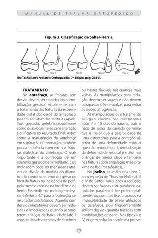 279
M A N U A L D E T R A U M A O R T O P É D I C O
Tratamento
No antebraço, as fraturas sem
desvio devem ser tratadas com imo-
bilização gessada. Atualmente, para
o tratamento das fraturas da extremi-
dade distal dos ossos do antebraço,
podem ser utilizados tanto os apare-
lhos gessados antebraquiopalmares
como os axilopalmares, sem alteração
significativa no resultado final. Assim
como a manutenção do antebraço
em supinação ou pronação, também
pouca influência exercem nas fratu-
ras diafisárias do antebraço. O mais
importante é a confecção de um
aparelho gessado bem moldado. Essa
moldagem pode ser mensurada atra-
vés da divisão da medida do diâme-
tro do contorno interno do gesso no
foco da fratura na incidência de perfil
pela mesma medida na incidência de
frente. Esse índice de moldagem deve
ser inferior a 0,7 para a obtenção de
resultados satisfatórios. Aquelas com
desvios inaceitáveis devem ser redu-
zidas e imobilizadas quando acome-
terem crianças de baixa idade (até 7
anos) ou fixadas com fios de Kirschner
Figura 3. Classificação de Salter-Harris.
(In: Tachdjian’s Pediatric Orthopaedic, 7ª Edição, pág. 2359).
ou hastes flexíveis nas crianças mais
velhas. As manipulações para redu-
ção devem ser suaves e não devem
ultrapassar três tentativas para evitar
as lesões iatrogênicas.
As manipulações ou o tratamento
cirúrgico cruento são excepcionais
após 7 a 10 dias do trauma, pois o
risco de lesão da camada germina-
tiva é maior que a possibilidade de
uma osteotomia para a correção ul-
terior de uma deformidade residual
que não remodelou. A remodelação
da deformidade residual é maior nas
crianças de menor idade e também
nas fraturas com angulação mais pró-
xima da fise (metáfisárias).
No joelho, as lesões dos tipos II,
com esporão de Thurston-Holland, III
e IV de Salter-Harris, após a redução,
devem ser fixadas com parafusos ca-
nulados paralelos à fise preferencial-
mente, ou com fios lisos cruzados na
impossibilidade de serem utilizados
os parafusos, pois frequentemente
sofrem desvios quando tratadas com
imobilizações gessadas. Nos tipos III e
IV, exigem redução anatômica por se-
 