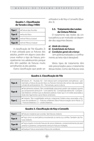 341
M A N U A L D E T R A U M A O R T O P É D I C O
Quadro 1. Classificação
de Torode e Zieg (1985)
Tipo I • Fratura tipo Avulsão
Tipo II • Asa do Ilíaco
Tipo III • Anel Pélvico Estável
Tipo IV • Anel Pélvico Instável
A classificação de Tile (Quadro 2)
é mais utilizada para as fraturas dos
adultos, porém em alguns casos des-
creve melhor o tipo de fratura, prin-
cipalmente nos adolescentes porque
eles têm padrões de fraturas muito
semelhantes às dos adultos.
Outra classificação que pode ser
Quadro 2. Classificação de Tile
Tipo A
• Estáveis. A1 - Avulsão. A2 – Sem desvio (sem comprometer anel pélvico) – por
exemplo, a fratura da asa do ilíaco ou fraturas menores dos ramos não associadas
a lesão do anel posterior. A3 – Transversais, sacro e cóccix.
Tipo B
• Parcialmente estáveis. Têm instabilidade rotacional, porém são estáveis quanto
ao componente vertical. B1 -“Livro aberto”. B2 - Compressão lateral. B3 - Compres-
são bilateral. Lembrar que as diastases púbicas maior que 3 cm estão associadas a
lesão dos ligamentos sacro-ilíacos anteriores.
Tipo C
• Instáveis. Têm instabilidade vertical e rotacional. Podem estar associadas a fra-
turas do acetábulo. C1 - Fraturas unilaterais (ilíaco-fratura-luxação sacro-ilíaca). C2
- Fraturas bilaterais. C3 - Lesões bilaterais.
Quadro 3. Classificação de Key e Conwells
Tipo I • Fraturas marginais por avulsão. São fraturas estáveis.
Tipo II
• Traço único no anel pélvico envolvendo os ramos ou a sínfise. Também são fra-
turas estáveis.
Tipo III
• Traços duplos incluindo fraturas de ramos bilaterais, comprometimento do anel
anterior e posterior, componente vertical e fraturas múltiplas.
Tipo IV • Qualquer fratura associada à fratura de acetábulo.
utilizada é a de Key e Conwells (Qua-
dro 3).
3.3.	Tratamento das Lesões
da Cintura Pélvica
O tratamento das lesões da cin-
tura pélvica a ser instituído vai depen-
der dos seguintes fatores:
Idade da criança
a)
Estabilidade da fratura
b)
Condições gerais da criança
c)
(em politraumatizados o confina-
mento ao leito não é desejável)
Vários tipos de tratamento têm
sido preconizados para o tratamento
dessas lesões. Como são fraturas raras
 