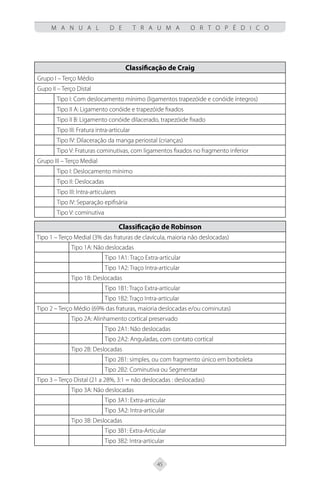 45
M A N U A L D E T R A U M A O R T O P É D I C O
Classificação de Craig
Grupo I – Terço Médio
Gupo II – Terço Distal
Tipo I: Com deslocamento mínimo (ligamentos trapezóide e conóide íntegros)
Tipo II A: Ligamento conóide e trapezóide fixados
Tipo II B: Ligamento conóide dilacerado, trapezóide fixado
Tipo III: Fratura intra-articular
Tipo IV: Dilaceração da manga periostal (crianças)
Tipo V: Fraturas cominutivas, com ligamentos fixados no fragmento inferior
Grupo III – Terço Medial
Tipo I: Deslocamento mínimo
Tipo II: Deslocadas
Tipo III: Intra-articulares
Tipo IV: Separação epifisária
Tipo V: cominutiva
Classificação de Robinson
Tipo 1 – Terço Medial (3% das fraturas de clavícula, maioria não deslocadas)
Tipo 1A: Não deslocadas
Tipo 1A1: Traço Extra-articular
Tipo 1A2: Traço Intra-articular
Tipo 1B: Deslocadas
Tipo 1B1: Traço Extra-articular
Tipo 1B2: Traço Intra-articular
Tipo 2 – Terço Médio (69% das fraturas, maioria deslocadas e/ou cominutas)
Tipo 2A: Alinhamento cortical preservado
Tipo 2A1: Não deslocadas
Tipo 2A2: Anguladas, com contato cortical
Tipo 2B: Deslocadas
Tipo 2B1: simples, ou com fragmento único em borboleta
Tipo 2B2: Cominutiva ou Segmentar
Tipo 3 – Terço Distal (21 a 28%, 3:1 = não deslocadas : deslocadas)
Tipo 3A: Não deslocadas
Tipo 3A1: Extra-articular
Tipo 3A2: Intra-articular
Tipo 3B: Deslocadas
Tipo 3B1: Extra-Articular
Tipo 3B2: Intra-articular
 