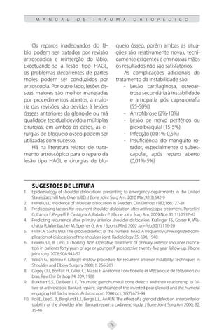 76
M A N U A L D E T R A U M A O R T O P É D I C O
Os reparos inadequados do lá-
bio podem ser tratados por revisão
artroscópica e reinserção do lábio.
Excetuando-se a lesão tipo HAGL,
os problemas decorrentes de partes
moles podem ser conduzidos por
artroscopia. Por outro lado, lesões ós-
seas maiores são melhor manejadas
por procedimentos abertos, a maio-
ria das revisões são devidas à lesões
ósseas anteriores da glenoide ou má
qualidade tecidual devido a múltiplas
cirurgias, em ambos os casos, as ci-
rurgias de bloqueio ósseo podem ser
utilizadas com sucesso.
Há na literatura relatos de trata-
mento artroscópico para o reparo da
lesão tipo HAGL e cirurgias de blo-
queio ósseo, porém ambas as situa-
ções são relativamente novas, tecni-
camente exigentes e em nossas mãos
os resultados não são satisfatórios.
As complicações adicionais do
tratamento da instabilidade são:
- Lesão cartilaginosa, osteoar-
trose secundária à instabilidade
e artropatia pós capsulorrafia
(55-50%)
- Artrofibrose (2%-10%)
- Lesão de nervo periférico ou
plexo braquial (15-5%)
- Infecção (0,01%-0,5%)
- Insuficiência do manguito ro-
tador, especialmente o subes-
capular, após reparo aberto
(0,01%-5%)
Sugestões de Leitura
Epidemiology of shoulder dislocations presenting to emergency departments in the United
1.
States.Zacchilli MA, Owens BD. J Bone Joint Surg Am. 2010 Mar;92(3):542-9
Hovelius L. Incidence of shoulder dislocation in Sweden. Clin Orthop 1982;166:127-31
2.
Predisposing factors for recurrent shoulder dislocation after arthroscopic treatment. Porcellini
3.
G, Campi F, Pegreffi F, Castagna A, Paladini P. J Bone Joint Surg Am. 2009 Nov;91(11):2537-42
Predicting recurrence after primary anterior shoulder dislocation. Kralinger FS, Golser K, Wis-
4.
chatta R, Wambacher M, Sperner G. Am J Sports Med. 2002 Jan-Feb;30(1):116-20
Hill H.A, Sachs M.D. The grooved defect of the humeral head. A frequently unrecognized com-
5.
plication of dislocation of the shoulder joint. Radiolology 35: 690, 1940.
Hovelius L, B. Lind, J. Thorling. Non Operative treatment of primary anterior shoulder disloca-
6.
tion in patients forty years of age or younger.A prospective twenty-five year follow-up. J bone
joint surg. 2008;90A:945-52
Walch G., Boileau P. Latarjet-Bristow procedure for recurrent anterior instability. Techniques in
7.
Shoulder and Elbow Surgery 2000; 1: 256-261
Gagey O.J., Bonfait H., Gillot C., Mazas F. Anatomie Fonctionelle et Mécanique de l’élévation du
8.
bras. Rev Chir Orthop 74: 209, 1988
Burkhart S.S., De Beer J. F., Traumatic glenohumeral bone defects and their relationship to fai-
9.
lure of arthroscopic Bankart repairs: significance of the inverted pear glenoid and the humeral
engaging Hill Sachs lesion. Arthroscopic. 2000 oct; 16(7):677-94
Itoi E., Lee S. B., Berglund L.J., Berge L.L., An K.N. The effect of a glenoid defect on anteroinferior
10.
stability of the shoulder after Bankart repair: a cadaveric study. J Bone Joint Surg Am 2000; 82:
35-46
 