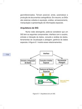 116
georreferenciados. Tornam possível, ainda, automatizar a
produção de documentos cartográficos. Em resumo, os SIGs
são sistemas voltados à aquisição, análise, armazenamento,
manipulação e apresentação de informações espaciais.
Arquitetura de SIG
Numa visão abrangente, pode-se considerar que um
SIG tem os seguintes componentes: interface com o usuário,
entrada e interação de dados, consulta e análise de dados,
ferramentas de visualização e plotagem, gerência de dados
espaciais. A figura 6.1 mostra esses relacionamentos.
Figura 6.1 - Arquitetura de um SIG.
 