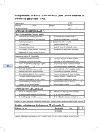 174
h) Mapeamento de Risco - Setor de Risco (para uso em sistemas de
informação geográficas - SIG).
Assentamento: SETOR:
Município: Bairro: Região: RISCO:
Técnico responsável: Data: / /
FATORES DE SUSCETIBILIDADE (*)
Tipo e Caracterização dos Processos Atuantes
( ) – Deslizamento Planar em solo sedimentar ( ) – Deslizamento Planar em solo residual
( ) – Deslizamento Rotacional em solo sedimentar ( ) – Deslizamento Rotacional em solo residual
( ) – Deslizamento em aterros ( ) – Deslizamento de lixo / entulhos
( ) – Erosão em aterros ( ) – Rolamento de matacões
( ) – Erosão superficial (sulcos) ( ) – Queda de blocos de rocha ou de crostas
( ) – Erosão severa (ravinas profundas / voçorocas) ( ) – Sem evidências de processos destrutivos
( ) – Solapamento de solo em margem de córrego ( ) –
Causas e Agravantes da Instabilidade
( ) – Ocupação de bordas de tabuleiros ( ) – Exploração de jazidas em áreas ocupadas
( ) – Ocupação de cabeceiras de drenagem ( ) – Sobrecarga de edificações de grande porte
( ) – Taludes de corte/aterro sem proteção vegetal ( ) – Lançamento de lixo nas encostas e drenagem
( ) – Altura dos taludes ............ m ( ) – Lançamento de entulho nas encostas e drenagem
( ) – Declividade dos taludes ............... graus ( ) – Árvores de grande porte na crista dos taludes
( ) – Ausência / insuficiência de microdrenagem ( ) – Concentração de bananeiras nos taludes
( ) – Concentração de águas de chuva nos taludes ( ) – Presença de surgências de água nos taludes
( ) – Lançamento de águas servidas no solo ( ) – Presença de fendas e batentes no solo
( ) – Vazamento nas tubulações de água e esgoto ( ) – Proximidade da casa à borda do talude................m
( ) – Fossas drenantes próximas às cristas ( ) – Proximidade da casa ao pé do talude.................m
( ) – Cisterna / cacimba próximo a crista ( ) – Recorrência dos processos ................. ano(s)
(*) definidos em função das características da área analisada.
FATORES DE VULNERABILIDADE
( ) – Número de edificações no setor ................. ( ) – Infra-estrutura / Equip. públicos ameaçados
( ) – Nº de edificações ameaçadas (monitoramento)...... ( ) – Nº de edificações removidas ..............
( ) – Nº de edificações p/ remoção .............. ( ) – Nº de edificações destruídas em acidente .......
Registros ou relatos de acidentes (dia/mês/ano – mortes, feridos, endereços, tipos de processo atuantes, volumes, distâncias).
Moradias Indicadas para Monitoramento (M) e Remoção (R)
Endereço (rua, nº) Coordenadas Fotos M R
UTM (GPS)
(
(*) Para as moradias que não constam da Base Cartográfica utilizar FOTOS DO SETOR (continuar no verso da ficha)
 