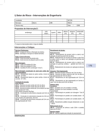 175
i) Setor de Risco - Intervenções de Engenharia
Localidade: SETOR:
Município: Bairro: MR: RISCO:
Técnico resp.: Data: / / 2006
Propostas de Intervenção(*)
endereço
cód.
interv.
quant. diâm.
altura
(m)
largura
(m)
extensão
(m)
(*) Lançar as intervenções sobre o mapa de detalhe
Intervenções e Códigos
Serviços Preliminares:
SP 01 – Limpeza do terreno e Remoção de entulhos;
SP 02 – Demolição e remoção de material demolido;
Poda e Corte de Árvores:
PC 01 – Corte de árvores de grande porte;
PC 02 – Corte de árvore de pequeno porte ou poda;
Micro-drenagem:
MD 01 – Calha pré-moldada Ø 0,30m;
MD 02 – Calha pré-moldada Ø 0,40m;
MD 03 – Canaleta Ø 0,40m (construção “in loco”);
Macro-drenagem (construção de canal para coleta das
micro-drenagens):
MA 01 – Revestimento lateral em pedra rachão e fundo de
concreto - Ø 0,60m;
MA 02 – Revestimento lateral em pedra rachão e fundo de
concreto - Ø 1,00m;
Contenção de encosta:
Pedra Rachão
CE 01 – Alvenaria de pedra rachão até 3,0m de altura;
CE 02 – Alvenaria de pedra rachão até 5,0m de altura;
CE 03 –Alvenaria de pedra rachão até 3,0m de altura com tela
argamassada até 15,0m;
Solo-cimento ensacado (Rip-Rap)
CE 04 – Construção de solo/cimento ensacado até 5,0m de
altura;
CE 05 – Construção de solo/cimento ensacado de 2,0m em
2,0m de altura (em patamares), até 6,0m;
CE 06 – Construção de solo/cimento ensacado até 5,0m com
tela argamassada até 15,0m;
Revestimento de taludes:
Retaludamentos
RE 01 – Retaludamento de encosta (corte ou aterro) com
plantação de gramínea até 25,0m de altura;
RE 02 – Retaludamento de encosta em bermas a cada 5,0m
de altura (corte ou aterro) com plantação de gramínea até
50,0m de altura;
RE 03 – Retaludamento de encosta (corte ou aterro) com
plantação de gramínea sintética / geotêxtil até 50,0m de
altura;
RE 04 – Retaludamento de encosta com aplicação da técnica
Cal-Jet
Alvenaria / Tela Argamassada
RA 01 – Alvenaria de tijolos cerâmicos até 2,0m de altura;
RA 02 – Alvenaria de tijolos cerâmicos até 2,0m de altura e
tela argamassada até 15,0m de altura;
RT 01 – Revestimento em tela argamassada até 15,0m de
altura;
RT 02 – Revestimento em tela argamassada em bermas a
cada 10,0m de altura até 30,0m de altura;
Sistema viário:
Escadarias:
AE 01 - Escadaria com uma canaleta e corrimão;
AE 02 - Escadaria com duas canaletas e corrimão;
Pavimentação
AP 01 – Pavimentação em paralelo com drenagem– Tubo Ø
0,60m
AP 02 – Pavimentação em paralelo com canaleta aberta – Ø
0,80m
AP 03 – Pavimentação em paralelo com canaleta aberta – Ø
1,00m
AP 04 – Revestimento asfáltico lançado diretamente no solo
– CBUQ
Melhoramento de via
AM 01 – Construção de cortinas a cada 3,00m e canaleta
lateral de Ø 0,60m;
Barreira vegetal
BV 01 – barreira vegetal para redução do assoreamento
OBSERVAÇÕES:
 