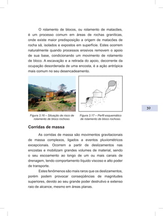 39
O rolamento de blocos, ou rolamento de matacões,
é um processo comum em áreas de rochas graníticas,
onde existe maior predisposição a origem de matacões de
rocha sã, isolados e expostos em superfície. Estes ocorrem
naturalmente quando processos erosivos removem o apoio
de sua base, condicionando um movimento de rolamento
de bloco. A escavação e a retirada do apoio, decorrente da
ocupação desordenada de uma encosta, é a ação antrópica
mais comum no seu desencadeamento.
Corridas de massa
As corridas de massa são movimentos gravitacionais
de massa complexos, ligados a eventos pluviométricos
excepcionais. Ocorrem a partir de deslizamentos nas
encostas e mobilizam grandes volumes de material, sendo
o seu escoamento ao longo de um ou mais canais de
drenagem, tendo comportamento líquido viscoso e alto poder
de transporte.
Estes fenômenos são mais raros que os deslizamentos,
porém podem provocar conseqüências de magnitudes
superiores, devido ao seu grande poder destrutivo e extenso
raio de alcance, mesmo em áreas planas.
Figura 3.16 – Situação de risco de
rolamento de bloco rochoso.
Figura 3.17 – Perfil esquemático
de rolamento de bloco rochoso.
 