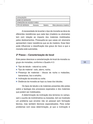 53
LOCALIZAÇÃO:
NOME DO MORADOR:
CONDIÇÕES DE ACESSO À AREA:
TIPO DE MORADIA: Alvenaria Madeira Misto (alvenaria e madeira)
A necessidade de levantar o tipo de moradia se deve às
diferentes resistências que cada tipo (madeira ou alvenaria)
tem com relação ao impacto dos materiais mobilizados
pelos deslizamentos. Pressupõe-se que casas em alvenaria
apresentem maior resistência que as de madeira. Esse fator
pode influenciar a classificação dos graus de risco a que a
moradia está submetida.
2º Passo – Caracterização do local
Este passo descreve a caracterização do local da moradia ou
grupo de moradias, conforme o Quadro 4.3:
ᔢ Tipo de talude - natural ou corte;
ᔢ Tipo de material - solo, aterro, rocha;
ᔢ Presença de materiais - blocos de rocha e matacões,
bananeiras, lixo e entulho;
ᔢ Inclinação da encosta ou corte;
ᔢ Distância da moradia ao topo ou base dos taludes.
Os tipos de talude e de materiais presentes dão pistas
sobre a tipologia dos processos esperados e dos materiais
que podem ser mobilizados.
A determinação da inclinação dos terrenos no campo,
sem o auxílio de inclinômetros ou bússolas, tem se mostrado
um problema que envolve não só pessoal sem formação
técnica, mas também técnicos especializados. Para evitar
problemas com essa determinação, já que a inclinação é
 