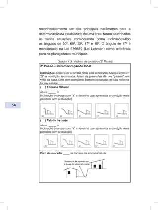 54
reconhecidamente um dos principais parâmetros para a
determinação da estabilidade de uma área, foram desenhadas
as várias situações considerando como inclinações-tipo
os ângulos de 90º, 60º, 30º, 17º e 10º. O ângulo de 17º é
mencionado na Lei 6766/79 (Lei Lehman) como referência
para os planejadores municipais.
Quadro 4.3 - Roteiro de cadastro (2º Passo)
2º Passo – Caracterização do local
Instruções: Descrever o terreno onde está a moradia. Marque com um
“X” a condição encontrada. Antes de preencher dê um “passeio” em
volta da casa. Olhe com atenção os barrancos (taludes) e suba neles se
for necessário.
( ) Encosta Natural
altura _____ m
Inclinação (marque com “x” o desenho que apresenta a condição mais
parecida com a situação)
( ) Talude de corte
altura _____ m
Inclinação (marque com “x” o desenho que apresenta a condição mais
parecida com a situação)
Dist. da moradia:____ m da base da encosta/talude
 