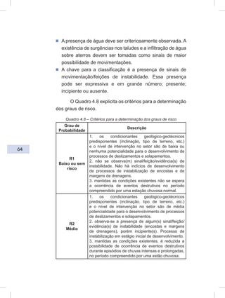 64
ᔢ A presença de água deve ser criteriosamente observada. A
existência de surgências nos taludes e a infiltração de água
sobre aterros devem ser tomadas como sinais de maior
possibilidade de movimentações.
ᔢ A chave para a classificação é a presença de sinais de
movimentação/feições de instabilidade. Essa presença
pode ser expressiva e em grande número; presente;
incipiente ou ausente.
O Quadro 4.8 explicita os critérios para a determinação
dos graus de risco.
Quadro 4.8 – Critérios para a determinação dos graus de risco
Grau de
Probabilidade
Descrição
R1
Baixo ou sem
risco
1. os condicionantes geológico-geotécnicos
predisponentes (inclinação, tipo de terreno, etc.)
e o nível de intervenção no setor são de baixa ou
nenhuma potencialidade para o desenvolvimento de
processos de deslizamentos e solapamentos.
2. não se observa(m) sinal/feição/evidência(s) de
instabilidade. Não há indícios de desenvolvimento
de processos de instabilização de encostas e de
margens de drenagens.
3. mantidas as condições existentes não se espera
a ocorrência de eventos destrutivos no período
compreendido por uma estação chuvosa normal.
R2
Médio
1. os condicionantes geológico-geotécnicos
predisponentes (inclinação, tipo de terreno, etc.)
e o nível de intervenção no setor são de média
potencialidade para o desenvolvimento de processos
de deslizamentos e solapamentos.
2. observa-se a presença de algum(s) sinal/feição/
evidência(s) de instabilidade (encostas e margens
de drenagens), porém incipiente(s). Processo de
instabilização em estágio inicial de desenvolvimento.
3. mantidas as condições existentes, é reduzida a
possibilidade de ocorrência de eventos destrutivos
durante episódios de chuvas intensas e prolongadas,
no período compreendido por uma estão chuvosa.
 