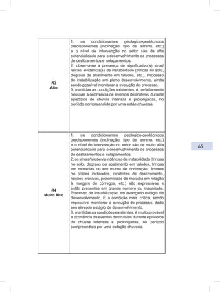 65
R3
Alto
1. os condicionantes geológico-geotécnicos
predisponentes (inclinação, tipo de terreno, etc.)
e o nível de intervenção no setor são de alta
potencialidade para o desenvolvimento de processos
de deslizamentos e solapamentos.
2. observa-se a presença de significativo(s) sinal/
feição/ evidência(s) de instabilidade (trincas no solo,
degraus de abatimento em taludes, etc.). Processo
de instabilização em pleno desenvolvimento, ainda
sendo possível monitorar a evolução do processo.
3. mantidas as condições existentes, é perfeitamente
possível a ocorrência de eventos destrutivos durante
episódios de chuvas intensas e prolongadas, no
período compreendido por uma estão chuvosa.
R4
Muito Alto
1. os condicionantes geológico-geotécnicos
predisponentes (inclinação, tipo de terreno, etc.)
e o nível de intervenção no setor são de muito alta
potencialidade para o desenvolvimento de processos
de deslizamentos e solapamentos.
2.ossinais/feições/evidênciasdeinstabilidade(trincas
no solo, degraus de abatimento em taludes, trincas
em moradias ou em muros de contenção, árvores
ou postes inclinados, cicatrizes de deslizamento,
feições erosivas, proximidade da moradia em relação
à margem de córregos, etc.) são expressivas e
estão presentes em grande número ou magnitude.
Processo de instabilização em avançado estágio de
desenvolvimento. É a condição mais crítica, sendo
impossível monitorar a evolução do processo, dado
seu elevado estágio de desenvolvimento.
3. mantidas as condições existentes, é muito provável
a ocorrência de eventos destrutivos durante episódios
de chuvas intensas e prolongadas, no período
compreendido por uma estação chuvosa.
 