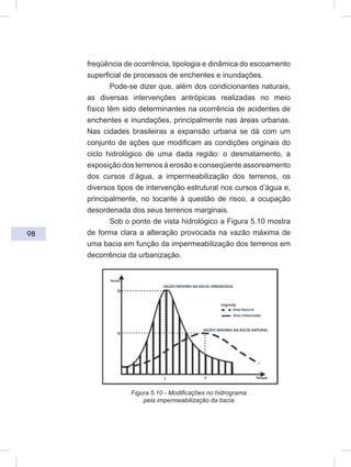 98
freqüência de ocorrência, tipologia e dinâmica do escoamento
superficial de processos de enchentes e inundações.
Pode-se dizer que, além dos condicionantes naturais,
as diversas intervenções antrópicas realizadas no meio
físico têm sido determinantes na ocorrência de acidentes de
enchentes e inundações, principalmente nas áreas urbanas.
Nas cidades brasileiras a expansão urbana se dá com um
conjunto de ações que modificam as condições originais do
ciclo hidrológico de uma dada região: o desmatamento, a
exposição dos terrenos à erosão e conseqüente assoreamento
dos cursos d’água, a impermeabilização dos terrenos, os
diversos tipos de intervenção estrutural nos cursos d’água e,
principalmente, no tocante à questão de risco, a ocupação
desordenada dos seus terrenos marginais.
Sob o ponto de vista hidrológico a Figura 5.10 mostra
de forma clara a alteração provocada na vazão máxima de
uma bacia em função da impermeabilização dos terrenos em
decorrência da urbanização.
Figura 5.10 - Modificações no hidrograma
pela impermeabilização da bacia
 