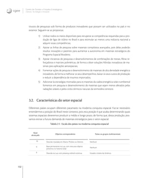 132
Centro de Gestão e Estudos Estratégicos
Ciência, Tecnologia e Inovação
titutos de pesquisas sob forma de produtos inovadores que possam ser utilizados no país e no
exterior. Seguem-se as propostas:
1) Utilizar todos os meios disponíveis para recuperar as competências requeridas para a pro-
dução de ligas de titânio no Brasil e para estimular ao menos uma indústria nacional a
adquirir essas competências;
2) Apoiar as linhas de pesquisa sobre materiais compósitos avançados, pois delas poderão
resultar inovações e patentes para aumentar a autonomia em materiais estratégicos do
Programa Espacial Brasileiro;
3) Apoiar iniciativas de pesquisas e desenvolvimentos de combinações de metais, ﬁbras re-
forçadoras e matrizes poliméricas, de forma a obter soluções híbridas inovadoras de ma-
teriais para aplicações aeroespaciais;
4) Fomentar ações de pesquisa e desenvolvimento de materiais de alta densidade energética
inovadores, de forma a melhorar os seus desempenhos, baixar os seus custos de produção
e reduzir a dependência de insumos importados;
5) Adicionar às estratégias montadas para os materiais da cadeia energética solar e ambiental
fomentos em pesquisa e desenvolvimento de materiais que sejam menos afetados pelas
radiações solares e pelos ciclos térmicos naturais da termosfera terrestre.
3.2. Características do setor espacial
Diferentes países ocupam diferentes patamares na moderna conquista espacial. Faz-se necessário
entendermos a posição do Brasil neste contexto, pois esta posição é que acaba determinando quais
sistemas espaciais deveremos produzir a médio e longo prazo, de forma que, dessa produção, pos-
samos extrair a futura demanda de materiais estratégicos para o setor espacial.
Tabela 2-1: Escala dos países na moderna conquista espacial
Nível
alcançado
Objetivo correspondente Países ou grupos multinacionais
10 Descida tripulada em Marte, Phobos ou Deimos Nenhum
9 Base permanente na Lua, com visita aos objetos
próximos no Sistema Solar
Nenhum
8 Descida na Lua, com presença orbital contínua Estados Unidos da América
 
